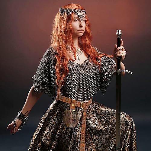 Miniatura 2 de RechicGu Cinturón de cuero vikingo medieval de 3 piezas, bolsa retro con cordón y collar de hacha de cadena de acero inoxidable, juego de accesorios