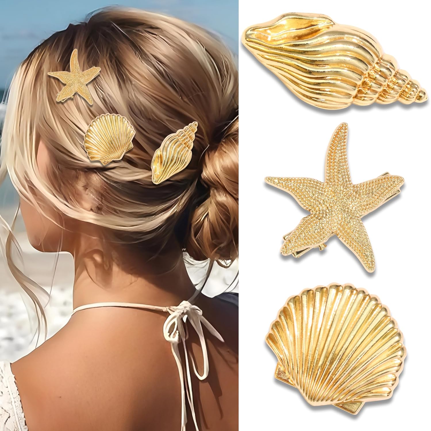 Gold Starfish Hair Clip Mermaid Seashell Barrettes Metal Conch Beach Party Alligator Clips Wedding Sea Star Headpiece Summer Hair Accessories for Women and Girls (Pack of 3)