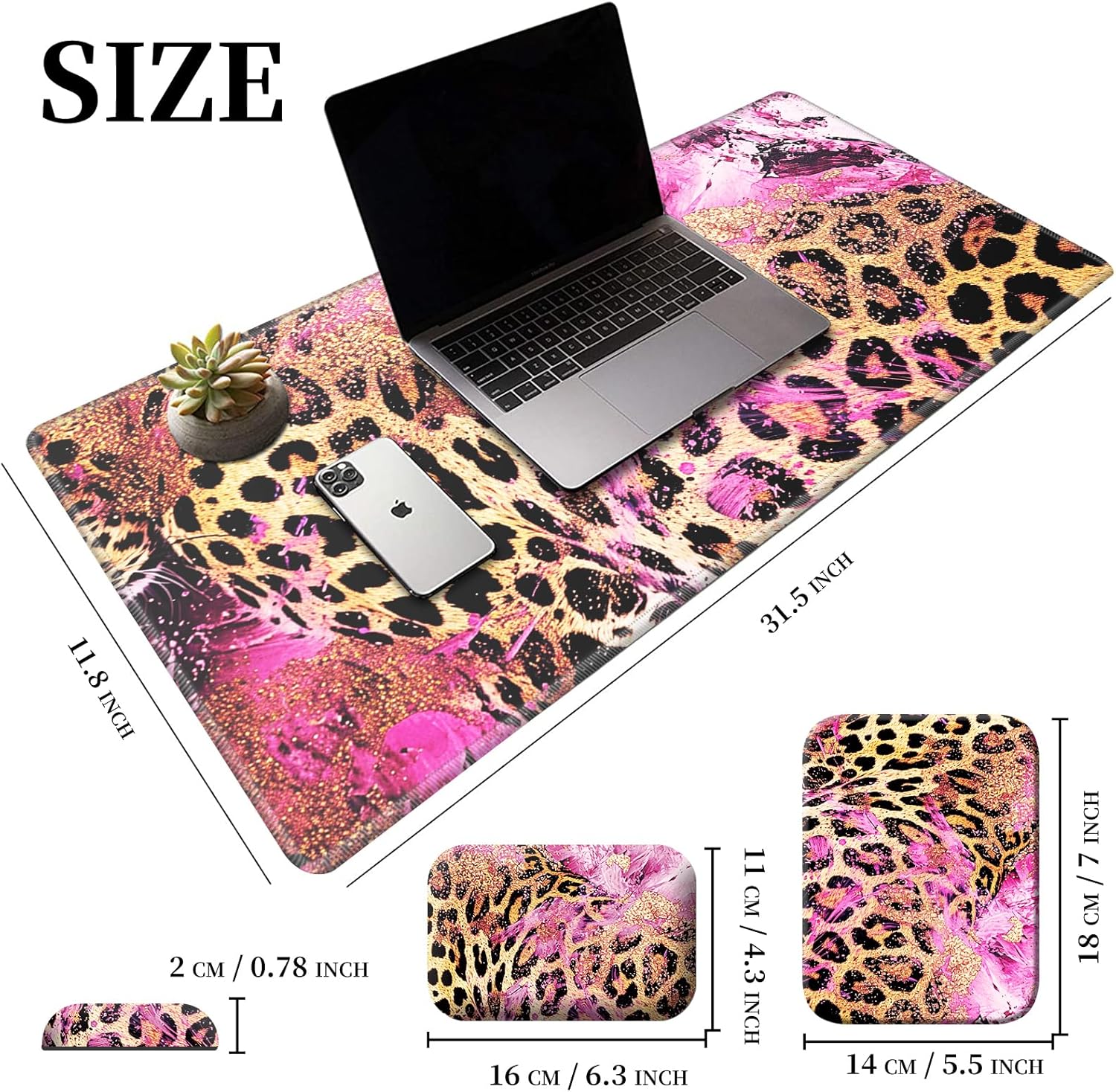 FUYOCWE Pink Leopard Print Desk Mat Mouse Pad Large + Wrist Elbow Rest Pad for Desk + Mouse Pad Small (3 in 1 Set),Cheetah Animal Print Edge Stitch Large Mouse Pad 12"X24",Non Slip Desk Pad Protector