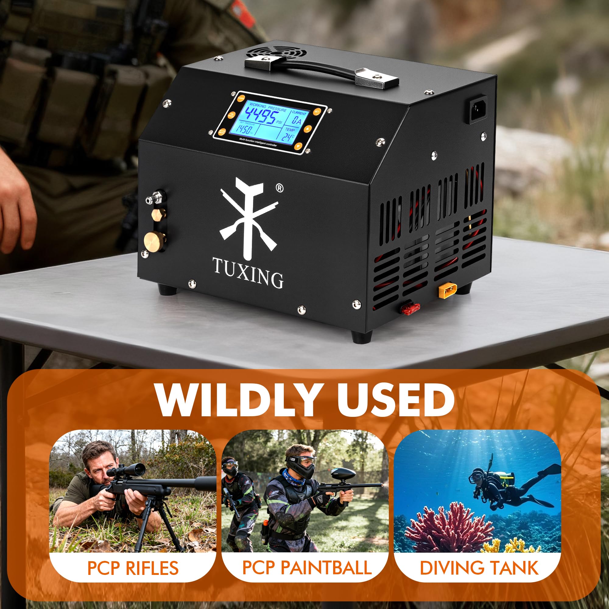 Compresor de Aire PCP TUXING de 4500 PSI, Versión con Pantalla LCD, Parada Automática, sin Aceite ni Agua, Transformador Integrado y Sistema de Drenaje para Rifles y Pistolas de Aire Comprimido PCP