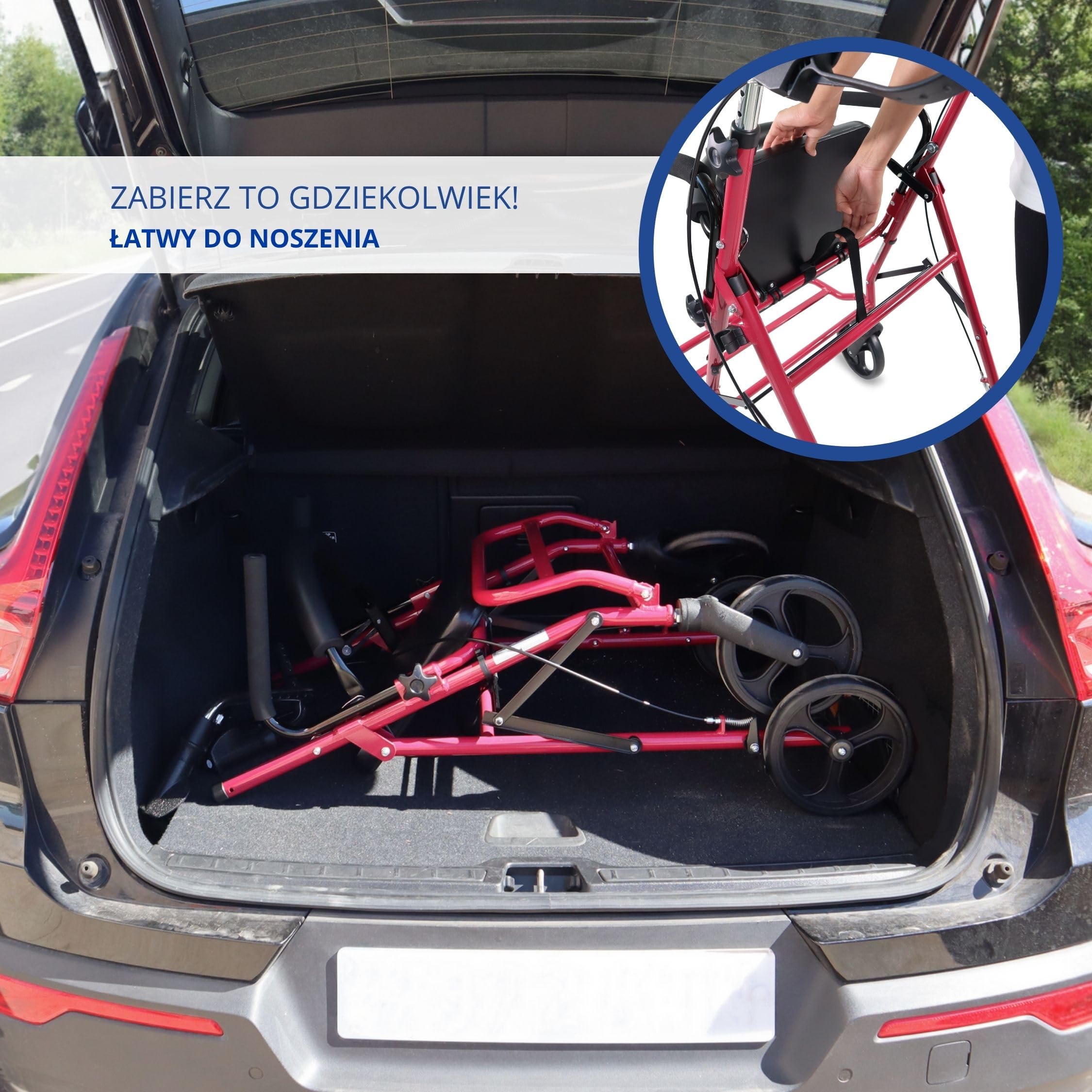 Mobiclinic® pro, Model colon, Spacerownik dla osób niepełnosprawnych, Starszych, Dorosłych lub w podeszłym wieku, Aluminiowy, Lekki, Składany, Z siedziskiem i 4 kołami. kolor bordeaux