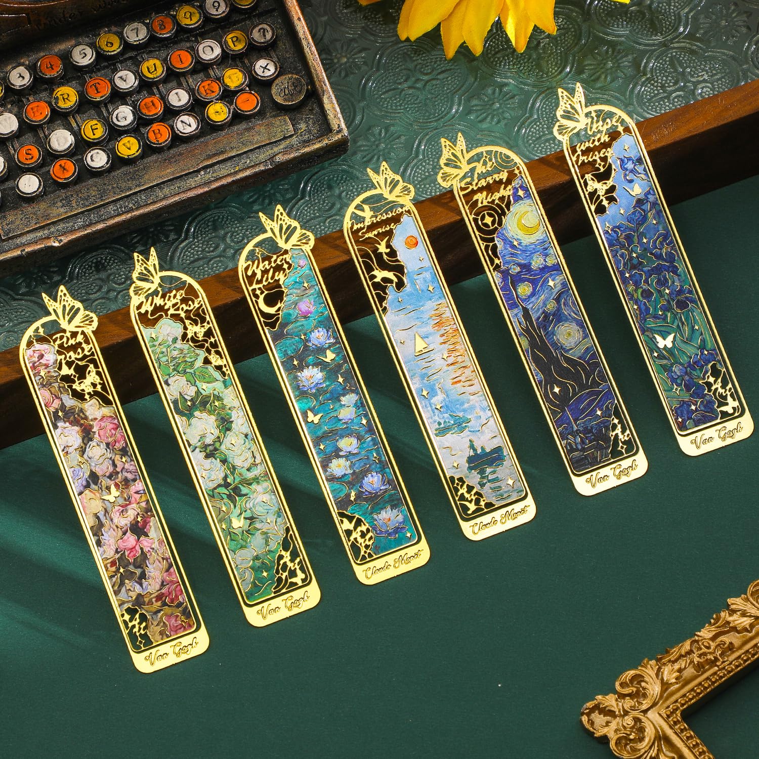 6 Pieces Metal Clip Bookmarks for Women, Golden Hollow Butterfly Bookmark Monet Oil Painting Theme Book Mark Birthday Funny Art Gifts for Book Lovers Writers Readers Children Teens Men