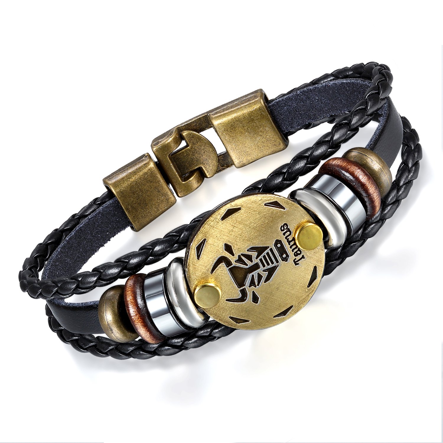 Flongo Lederarmband Horoskop Armband Damen Armkette Herren Armreif, Leder-Armband Armreif Manschette Manschettenknopf Schwarz Gold Golden Horoskop Tierkreis Sternzeichen Sternbild Skorpion