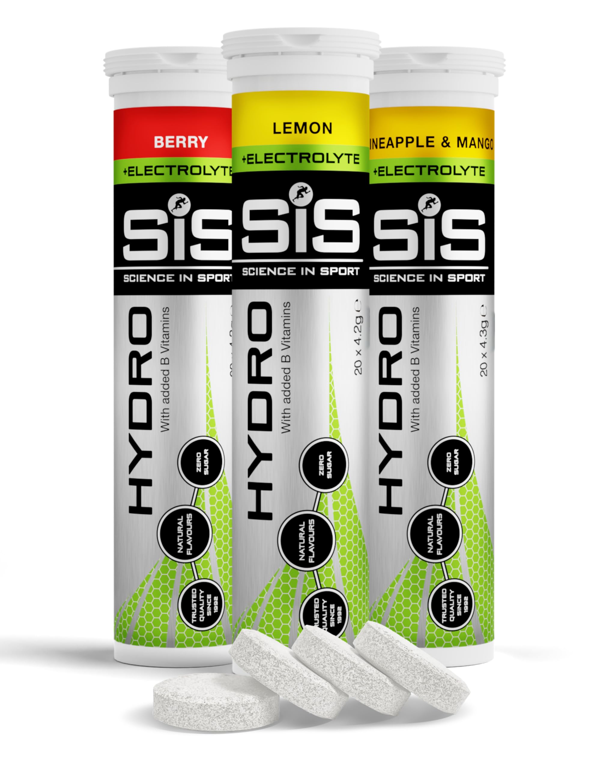 Science In Sport Hydro Hydration Tablets, Variety Pack Pineapple Mango, Berry, Lemon Flavour Plus Electrolytes, 20 Effervescent Tablets per Bottle (3 Bottles)