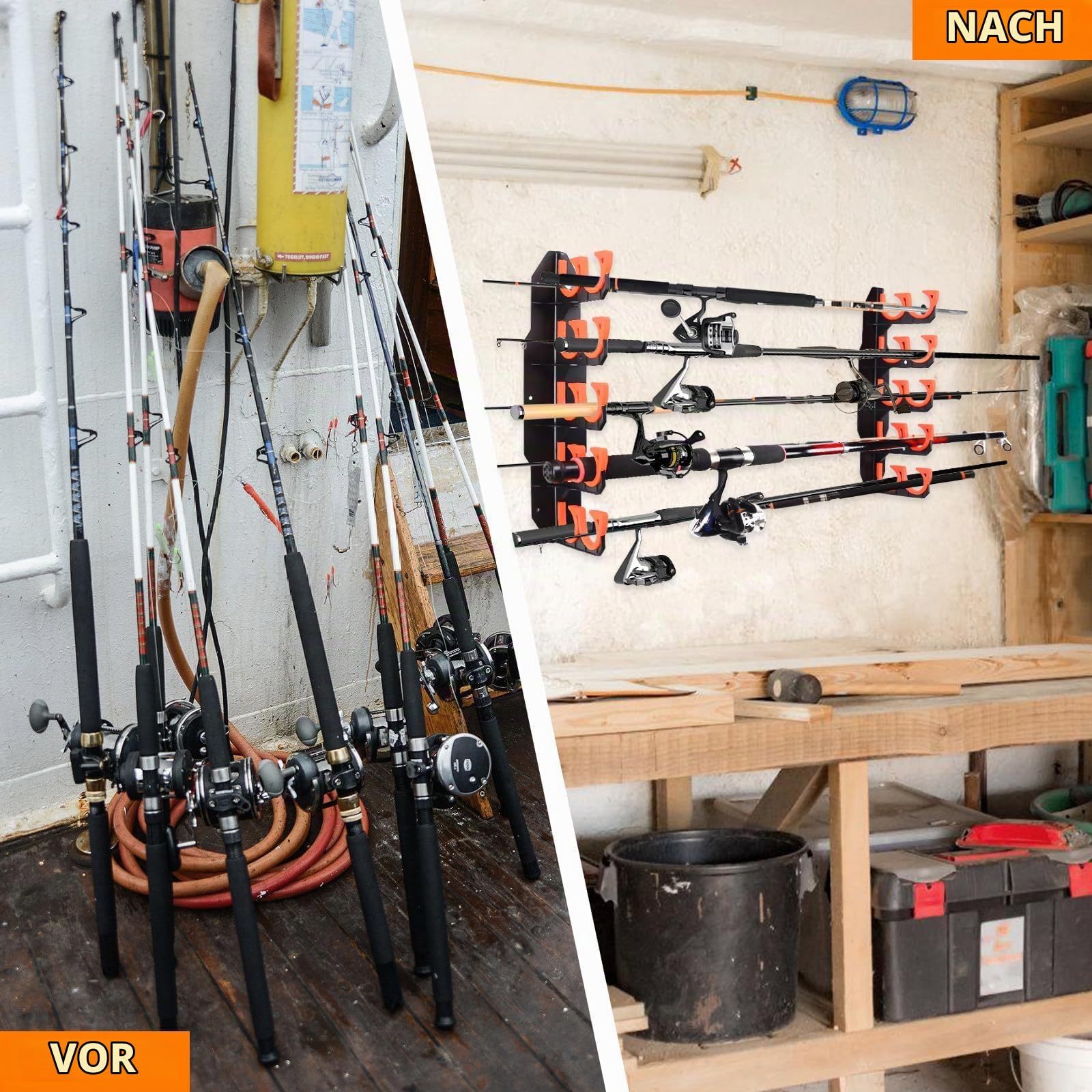 BOOSTEADY Fishing Rod Rack Angelrutenhalter Stangenhalter Angelrutenständer für die Garage, Wandhalterung Deckenhalterung für Angelruten, Angelausrüstung als Geschenk für Herren (2, orange)