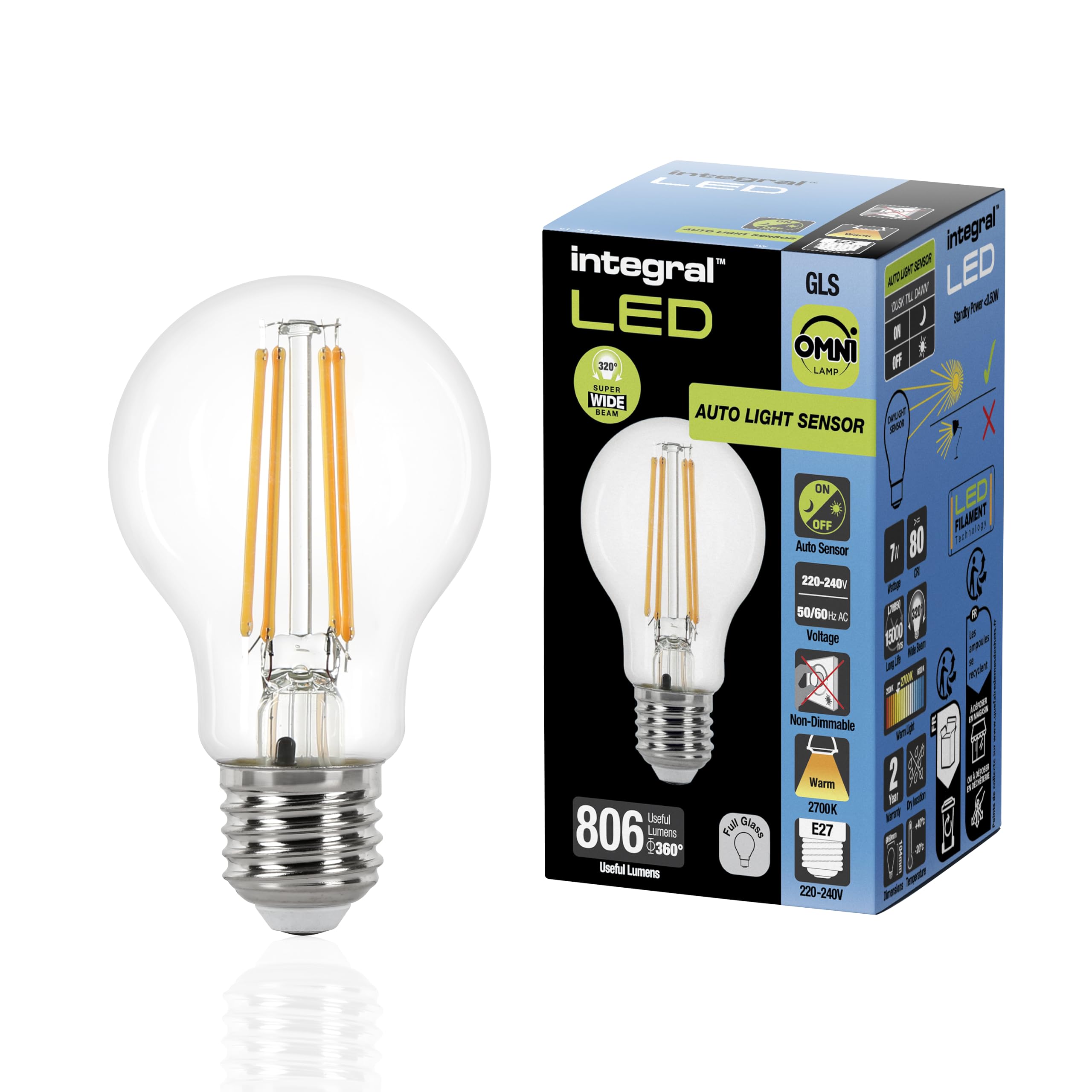 IntegralLED E27 Non-Dimmable Dusk to Dawn Dual Sensor Omni-Filament GLS Bulb – Warm White 2700K, 806lm, 7W (60W Equivalent) - Energy efficient & Ideal for Outdoor, Porch, Garage, Garden, Patio