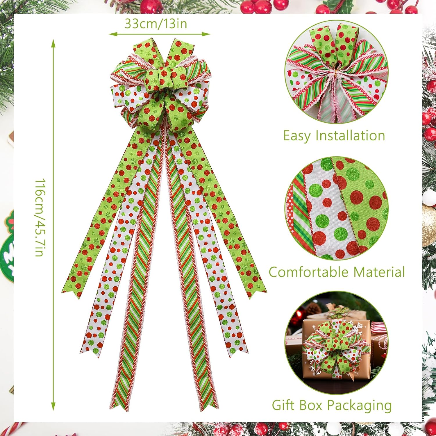 Christmas Tree Topper Wreath Large Green Christmas Bow Tree Topper, Red Green Dot Polyester Gift Bow for Xmas Ornament Holiday Handmade Home Wedding Indoor/Outdoor Decoration-13 x 45 Inch - Image 2