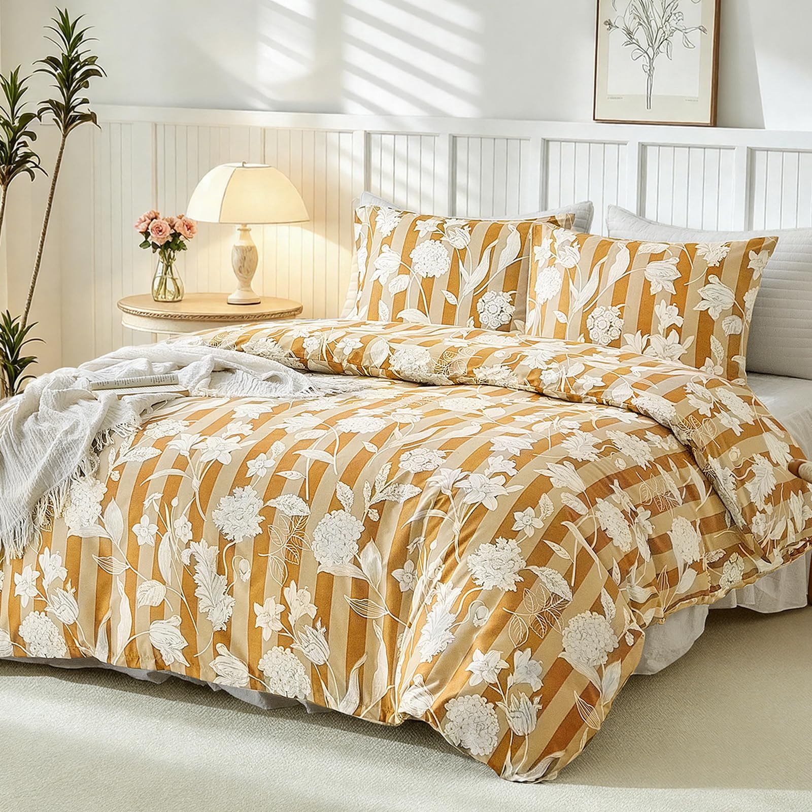 Lekesky Striped Duvet Cover Queen Size 3-piece, Orange Hydrangea
