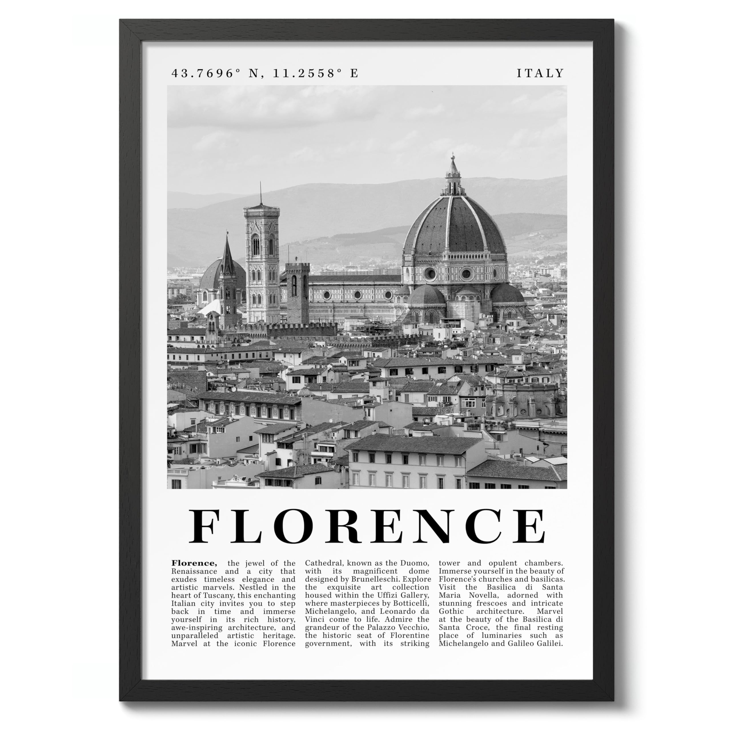 Florence - Italy Travel Poster, Black & White Print, City Landmark. Modern Home Wall Decor For Living Room Bedroom, Archival Matte, A2 (Black Frame) - 59.4x42cm