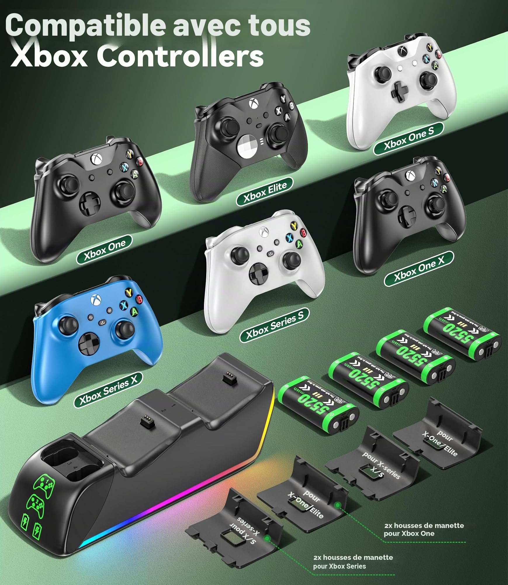 Station de Charge Manette Xbox avec 4 Piles Rechargeables 5520mAh, Chargeur Rapide pour X-Box Series X/S, X-Box One/X/S/Elite avec 4 Batteries, Accessoire Xbox avec 9 Modes Lumières RVB