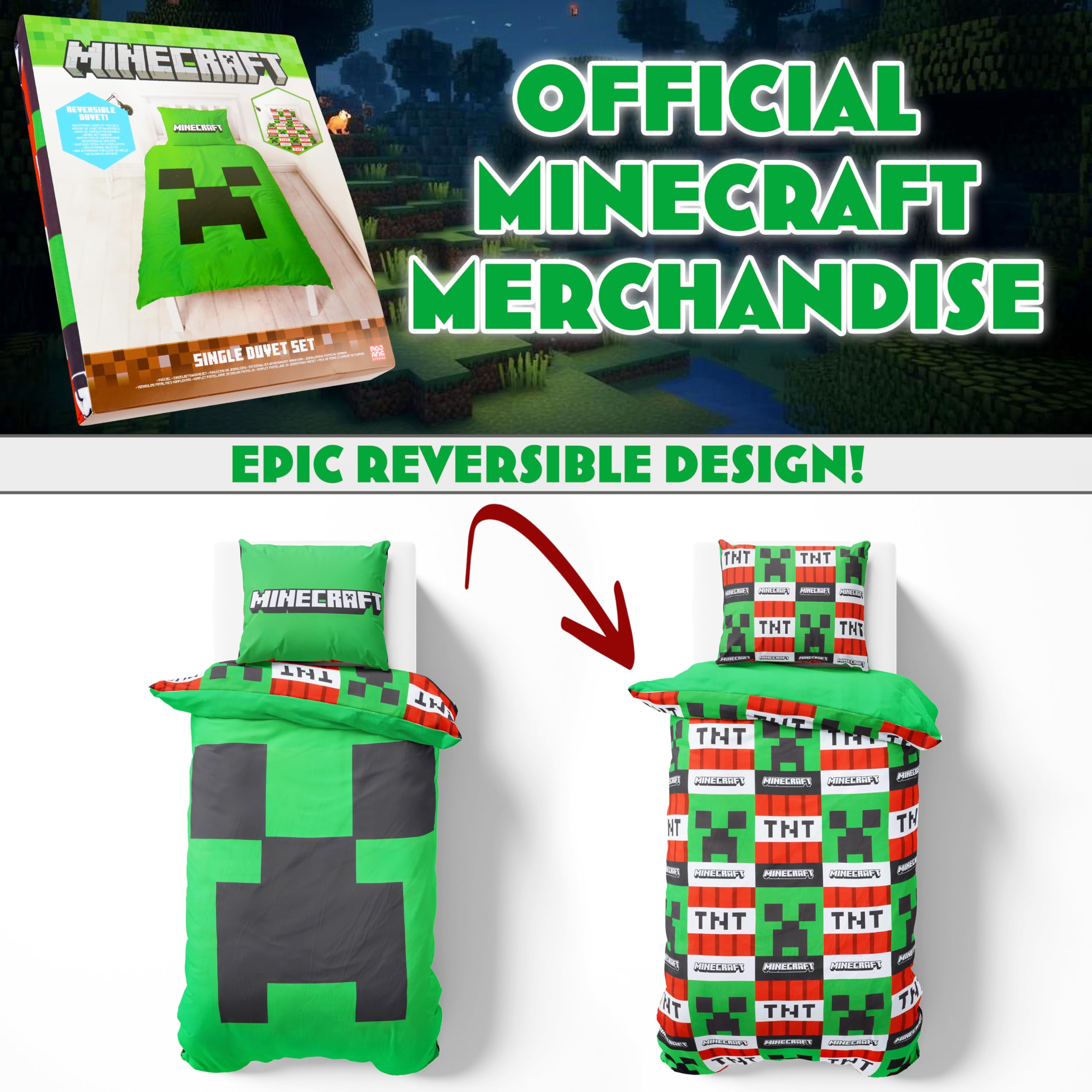 Get Trend Minecraft Pojedynczy zestaw poszewek na kołdrę dla dzieci i nastolatków, dwustronna pościel i poszewka na poduszkę dla chłopców i dziewcząt, akcesoria do sypialni, prezenty anime dla