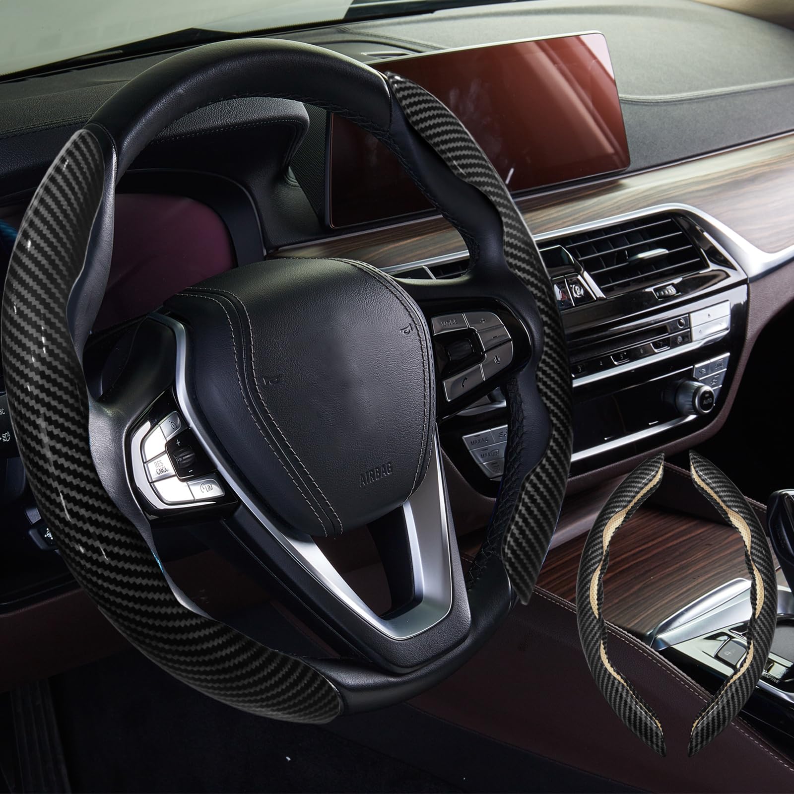 WOCOCN 2pcs Car Steering Wheel Cover,Anti-Skid Carbon Fiber Steering Wheel Protector for Men Women,Multiple Color Options,Universal for Most Car Interiors Accessories (Bright Black)