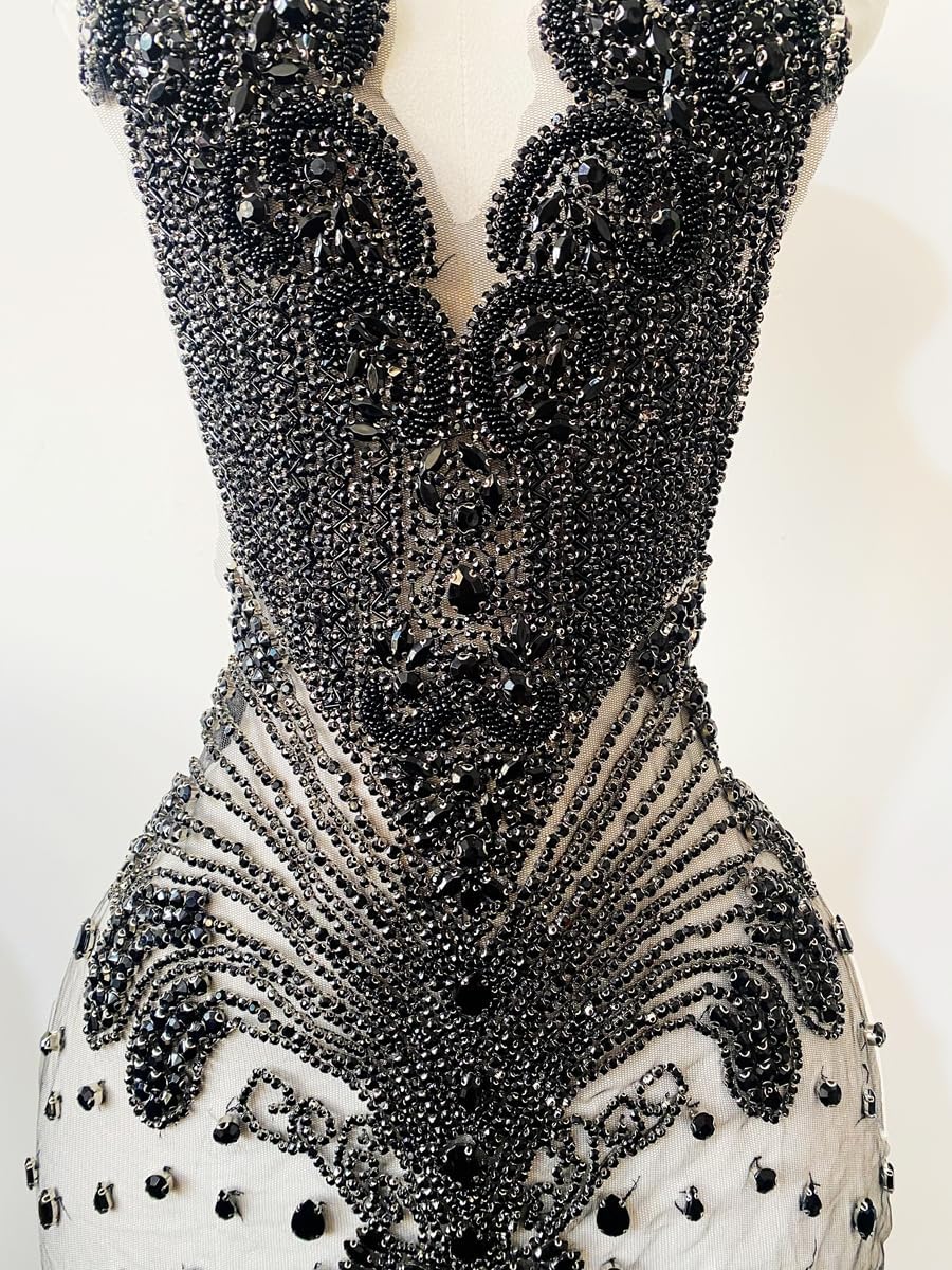 Large Handmade Beaded Crystal Patches Bodice Glass Rhinestone Applique Designs for Prom Formal Dress (Black)