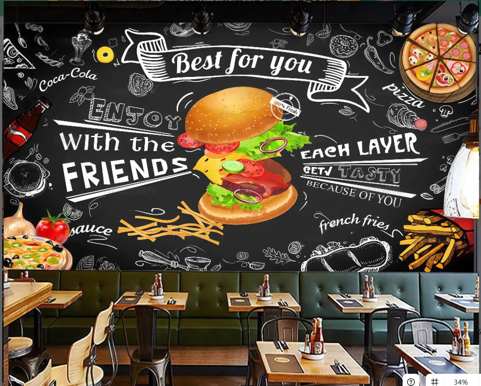 Xdoubao 3D Wallpaper Fashion Blackboard Hand-Painted Burger Pizza Fast Food Snack Bar Afternoon Tea Western Restaurant Background Wall Wallpaper Coffee Shop Mural,,150X105cm