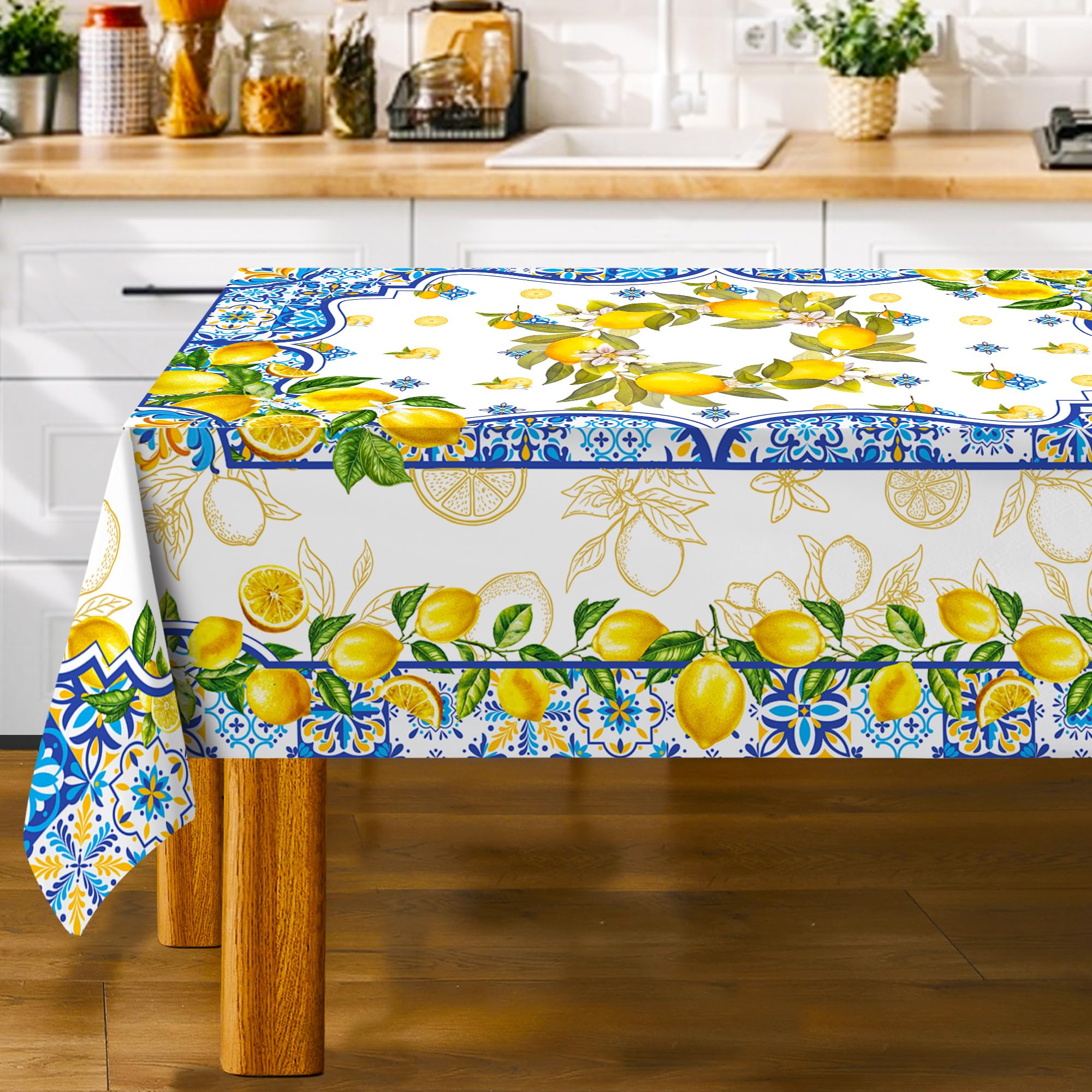 Unibyby Lemon Tablecloth 60 x 120 Inch Rectangle, Yellow and Blue Mediterranean Summer Decor Tile Flower Pattern Table Cloth Italian Themed Decor for