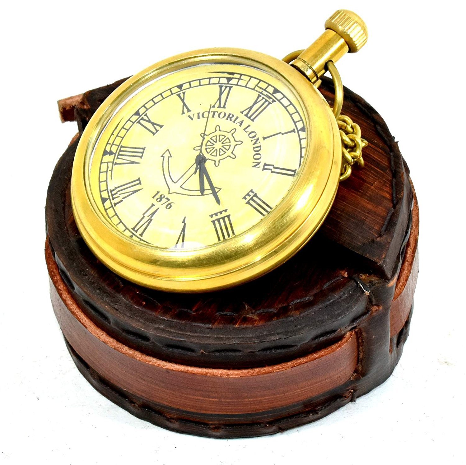 Reloj de bolsillo de latón victoriano con caja de madera noble y acabados artesanales de alta calidad