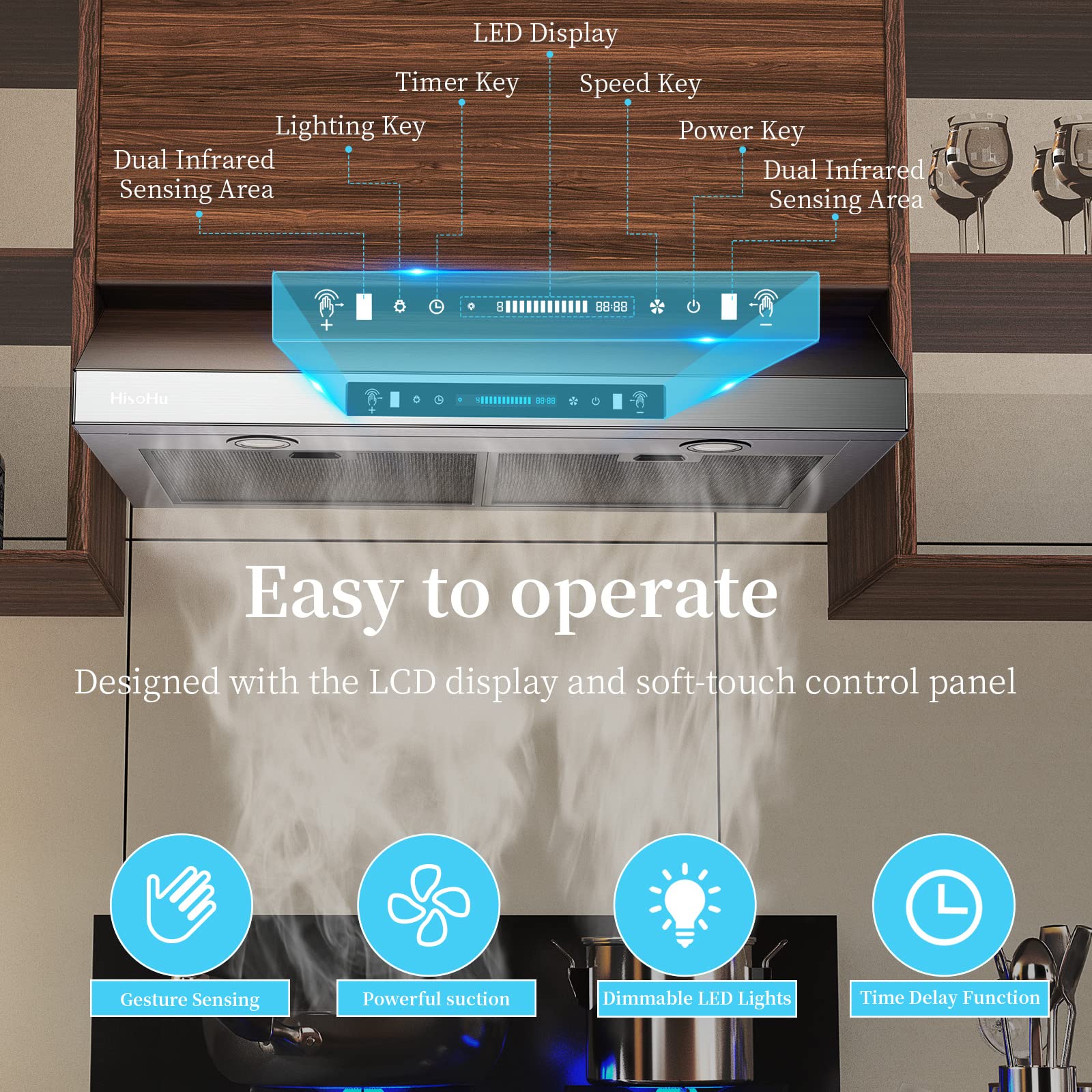 30 Inch Under Cabinet Range Hood with 900-CFM, 4 Speed Gesture Sensing&Touch Control Panel, Stainless Steel Kitchen Vent