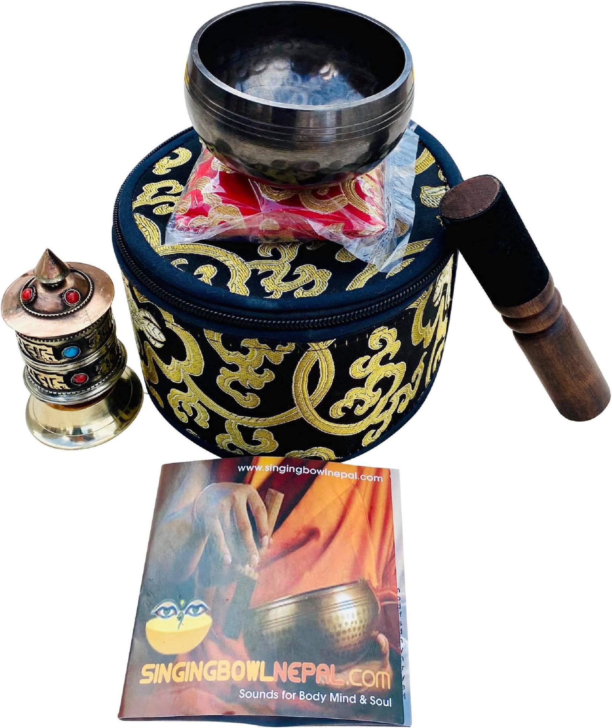 Hand Beaten C Root Chakra Tibetan Meditation Yoga Singing Bowl 3 Inch Set Includes Free Table Top Prayer Wheel