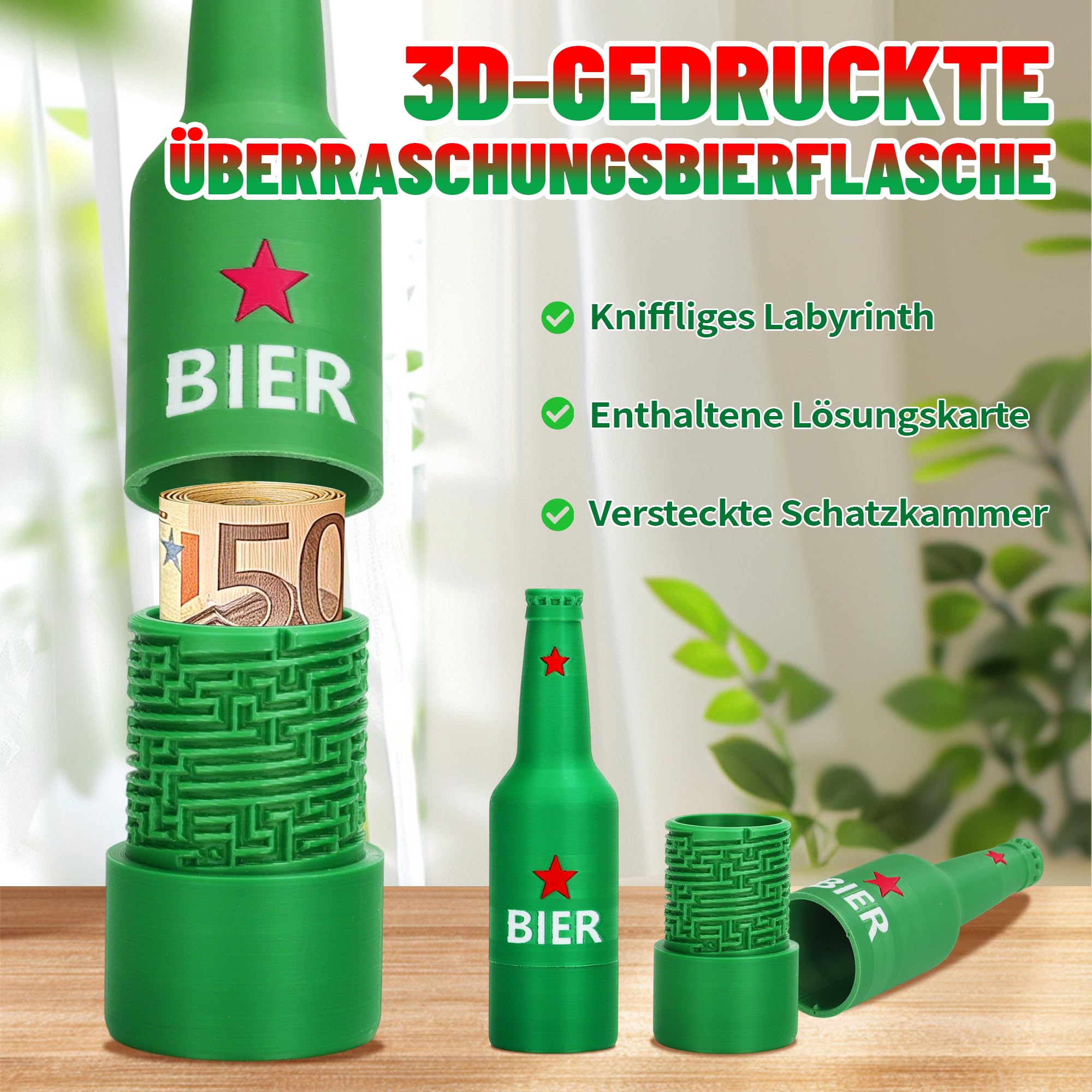 3D Bierflasche Labyrinthbox für Geld, Geschenkbox für Kleinigkeiten, Rätselbox für Geldgeschenke Und Gutscheine, Kreatives Wunscherfüller Geldgeschenk für Geburtstag, Weihnachten - Grün