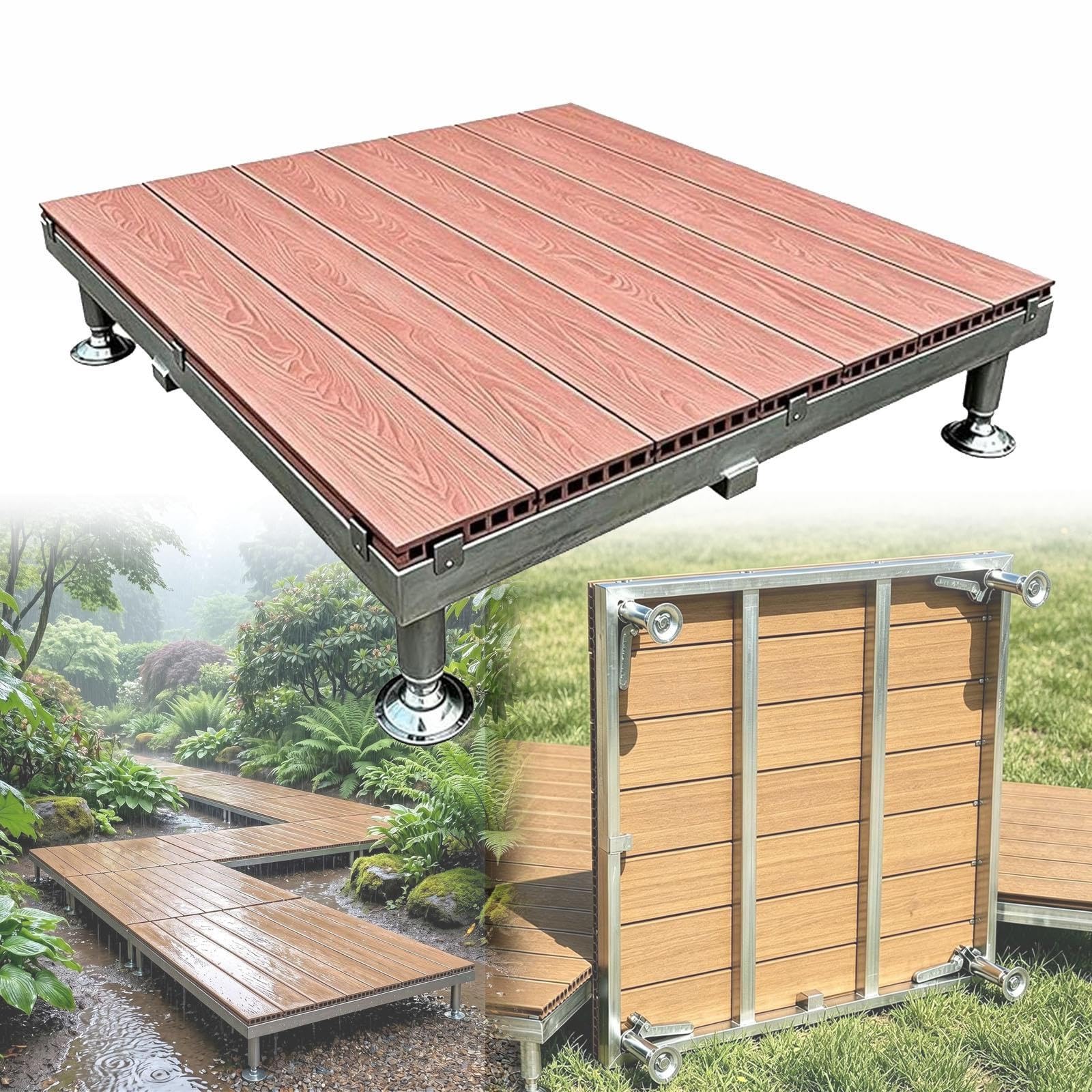 Terrazze Modulare Piattaforma In Composito 84cm WPC Piastrelle Per Giardino | Piedini Altezza Regolabile,Con Telaio Metallico,Portata 500 Kg/mq, Pavimento Patio Esterno Impermeabile(Brown)