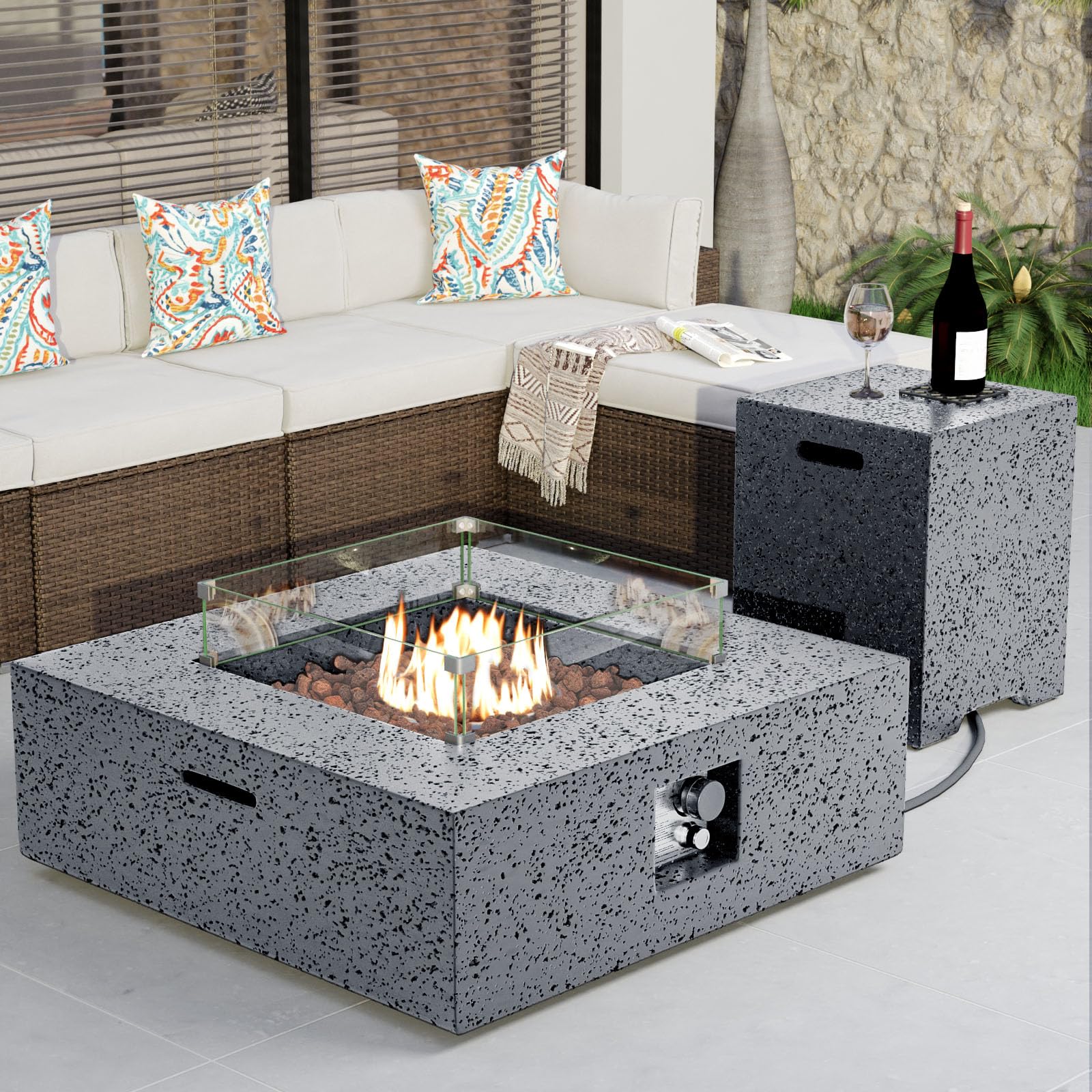 COSIEST Outdoor Propane Fire Pit Coffee Table w Square Faux Stone 35-inch Base, Certified, 50,000 BTU Stainless Steel Burner, Free Lava Rocks and Rain Cover, Wind Guard, Tank Cover,Gray