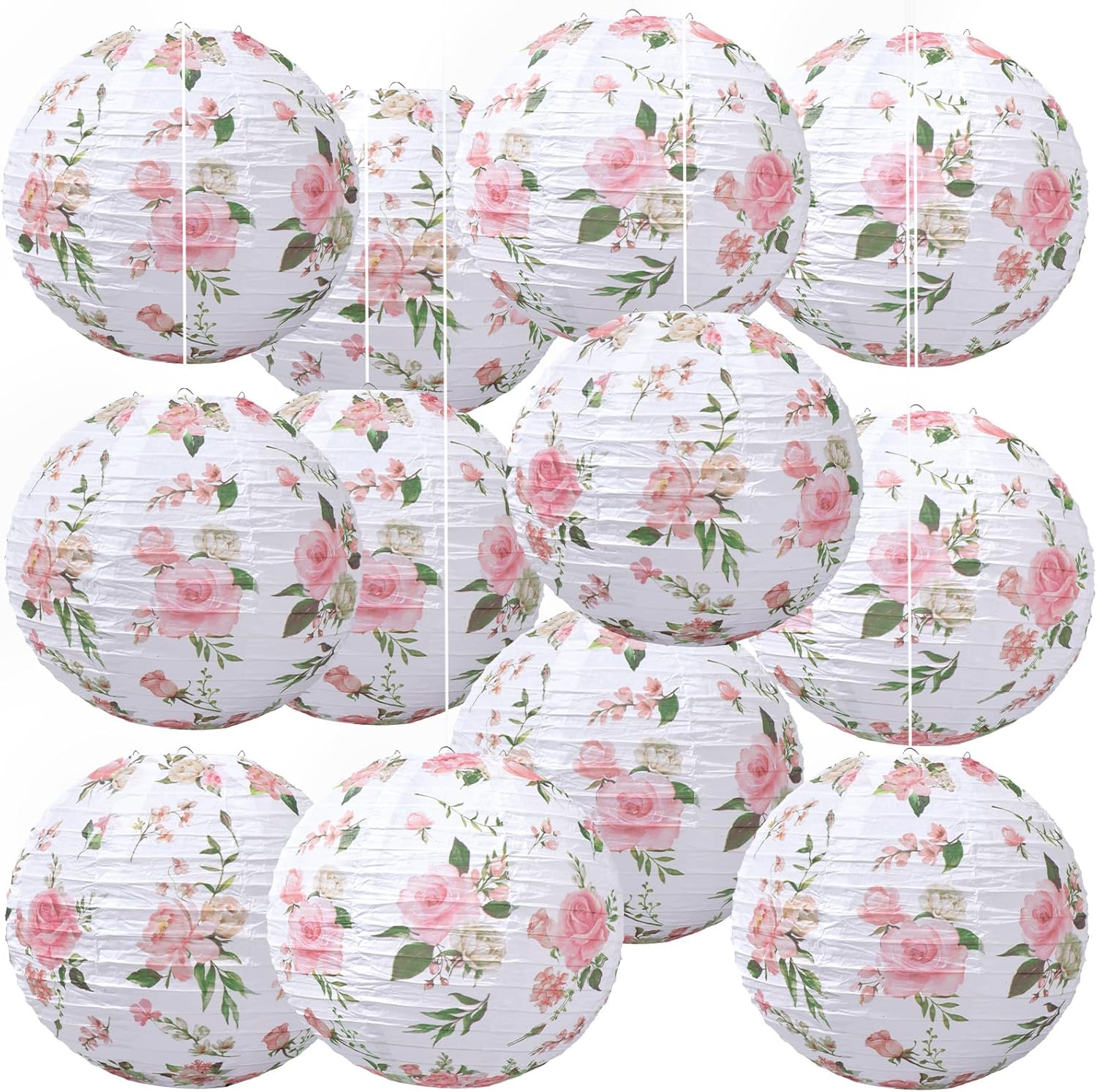Honoson 12 Pcs Pink Rose Paper Lanterns Spring Floral Party Decorations Hanging 10 Inch Chinese Lanterns for Wedding Bridal Shower Baby Shower Tea Party Decorations