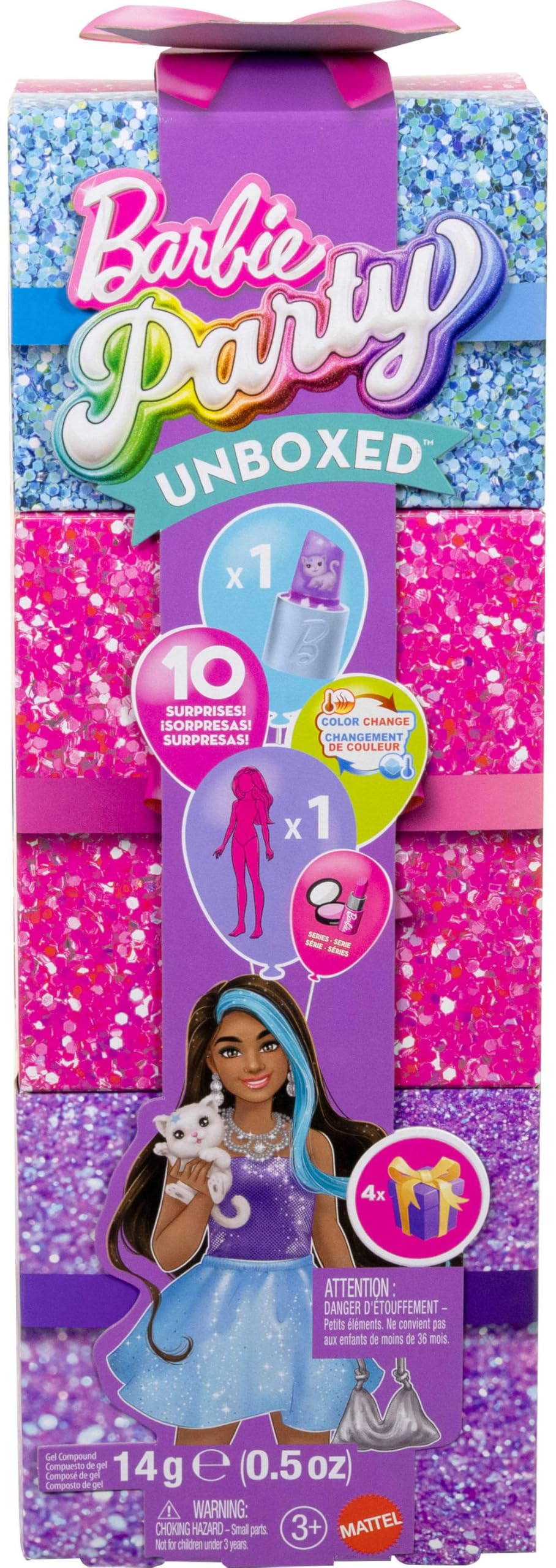 Barbie Parti Paketi bebek ve aksesuarlar, Muhteşem Parti serisi, renk değişimi dahil 10 sürpriz, mor renk ve ışıltı teması, JFY66
