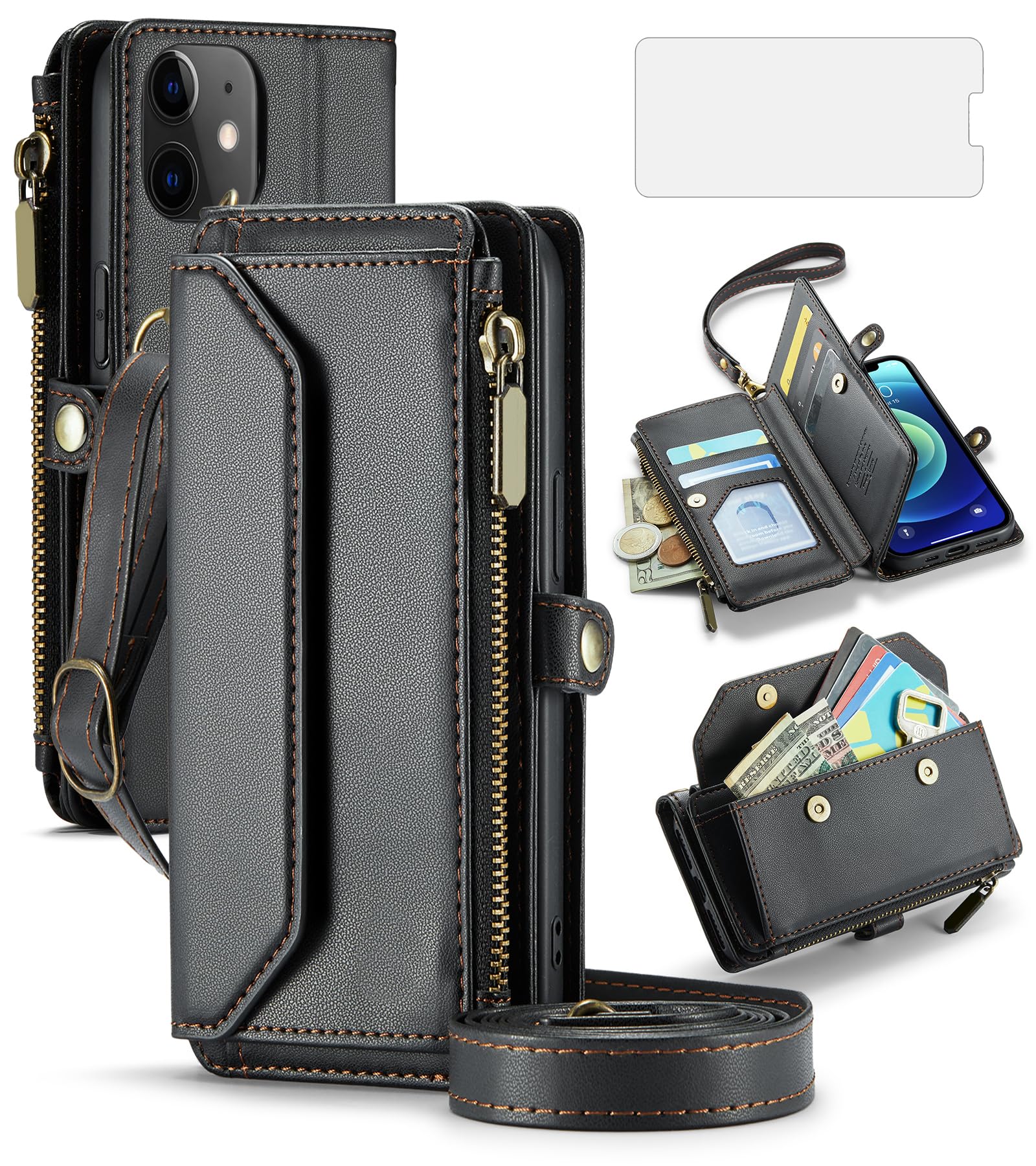 Asuwish Phone Case for iPhone 11 6.1 Zipper Wallet Cover with Tempered Glass Screen Protector and Flip RFID Blocking Card Holder Stand Cell