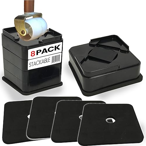 iPrimio Elevadores de cama apilables, se adaptan a ruedas giratorias, cuadrados, resistentes, paquete de 8 unidades, bloques de elevación de cama,