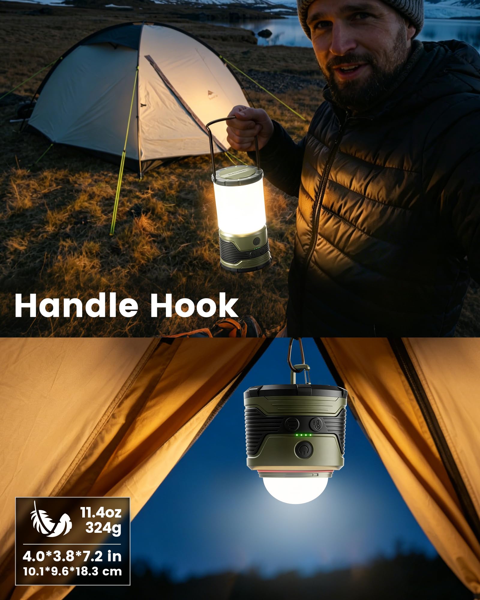 Glocusent Lampa Kempingowa 1200LM, Ładowalna, 7 Trybów Światła, Akcesoria, Powerbank USB-C 5000mAh, IP45, na Huragany, Awaryjnie, Blackouty