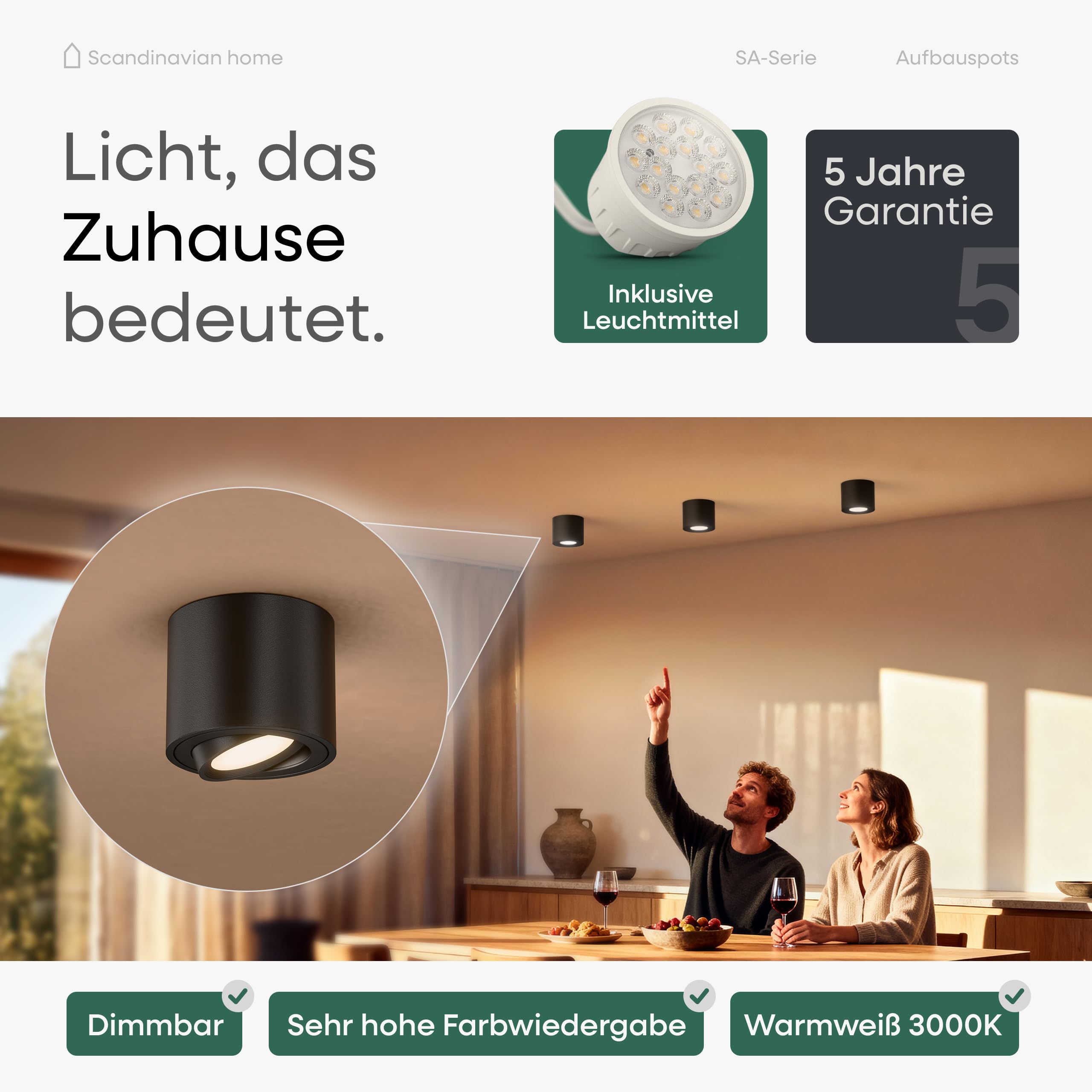 Scandinavian Home LED Aufbauspot 6er Set 230V Dimmbar Warmweiß 3000K 470lm CRI 90+ Deckenspots Aufputz Ø80x65mm Schwarz