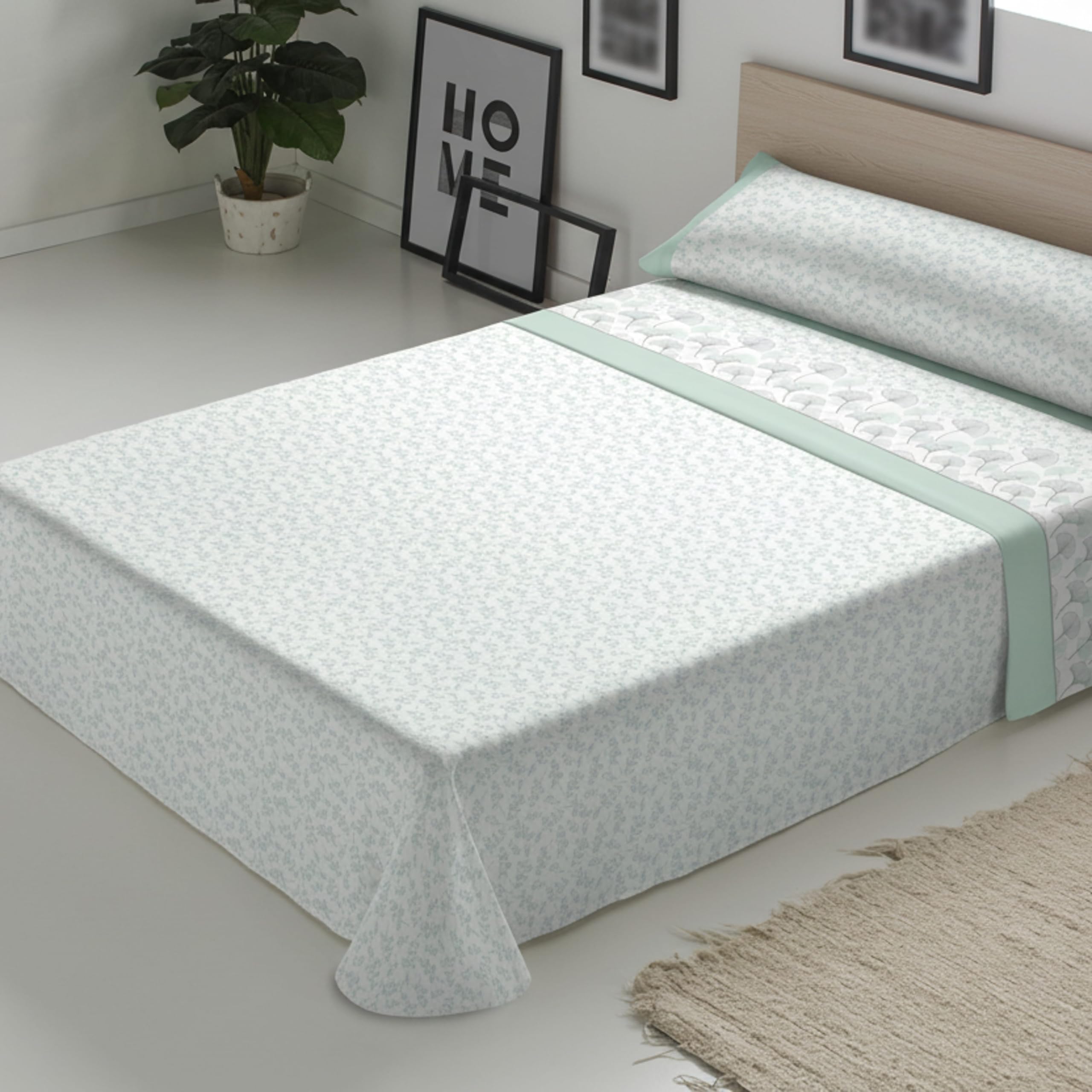 ECOMMERC3 Juego de Sábanas de Franela 3 Piezas Cama 150 Dublin Verde | Fabricado en España | Juego de Sábanas Invierno con Bajera, Encimera y Funda Almohada | Sábanas Calentitas Transpirables