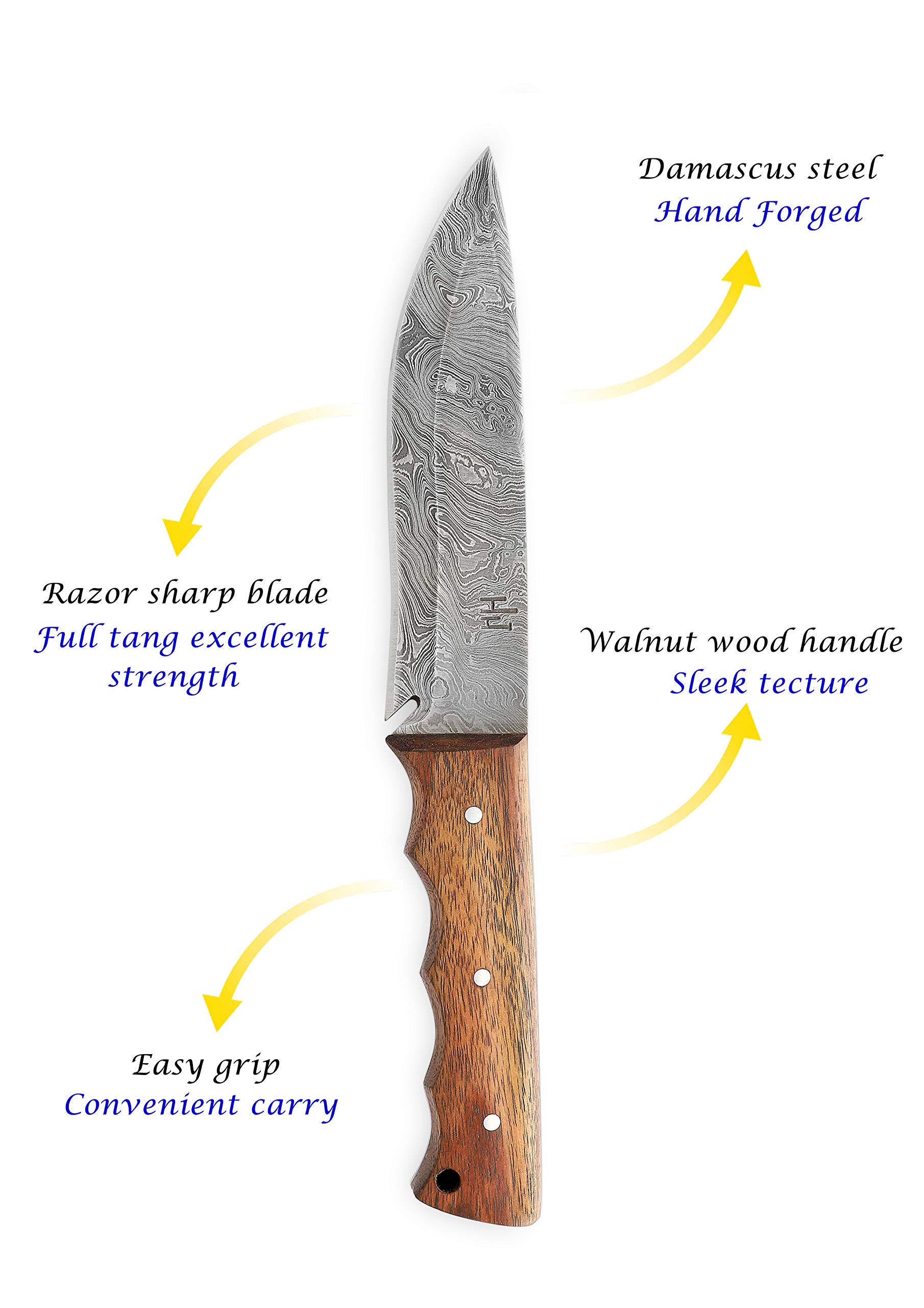 Hobby Hut HH-401, 11,5 Pollici Bushcraft Coltello in Acciaio Damasco | Coltello da Caccia, Manico in Legno di Noce | Fodero in Pelle | Lama affilata del Rasoio all'aperto