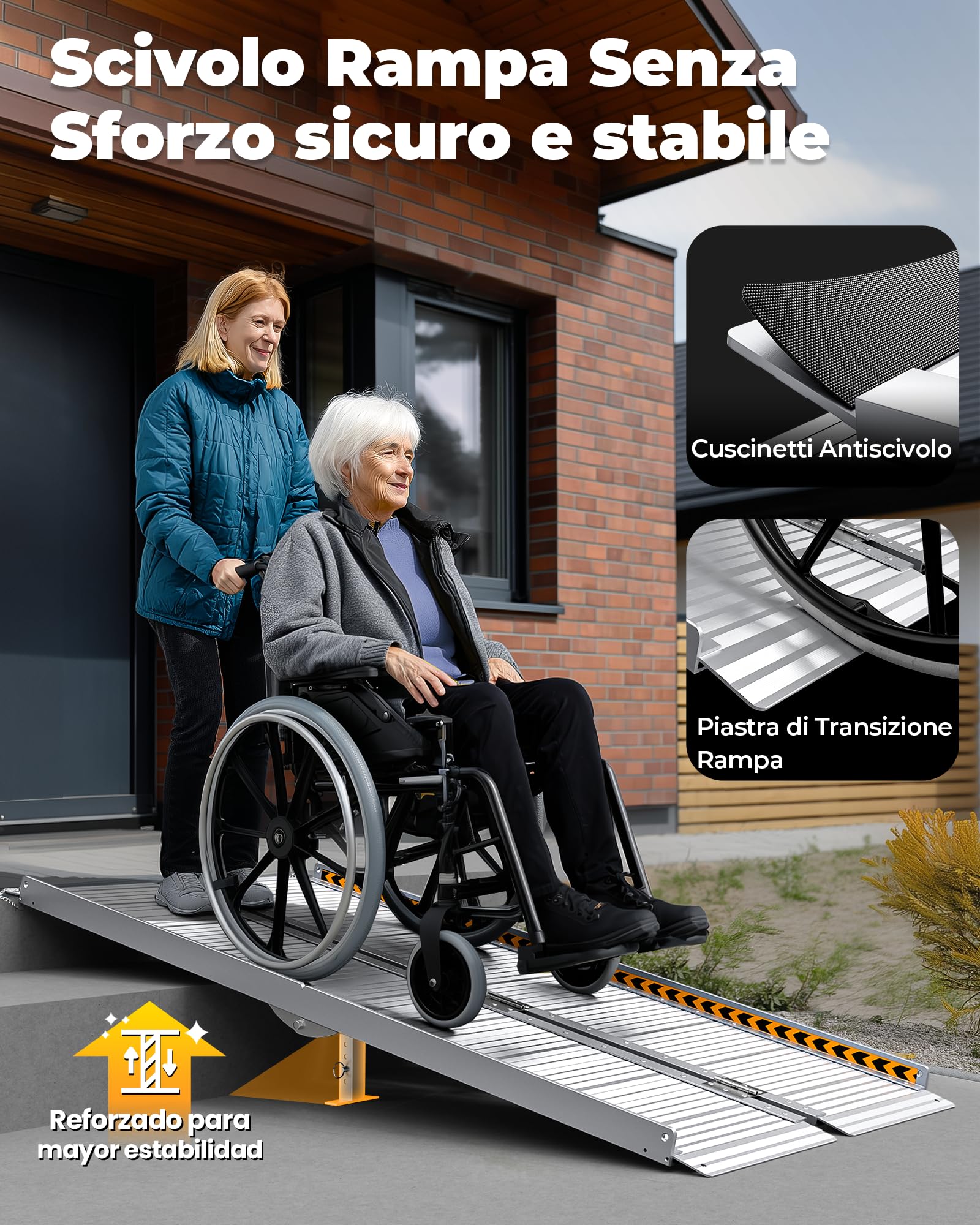 FACHNUO Rampa pieghevole per sedia a rotelle, 213,5 cm, portata 362 kg, larghezza extra 74 cm, rampa portatile in alluminio per scale, gradini, porte, ingressi