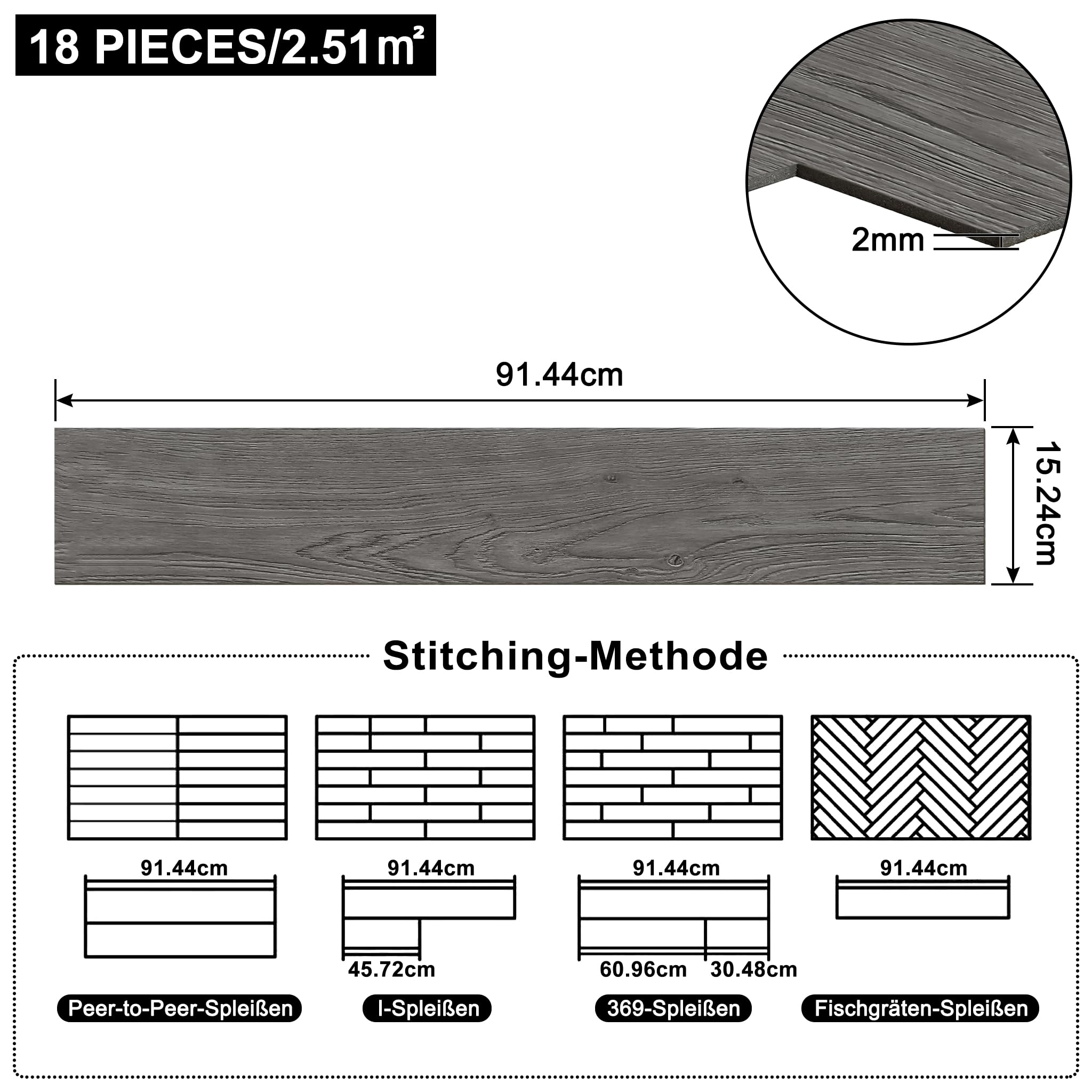 PVC Revestimiento de suelo de vinilo, laminado, antideslizante, resistente al agua, autoadhesivo, 2,51 m², 91,44 x 15,24 cm, espesor 2 mm (18 piezas, tipo B)