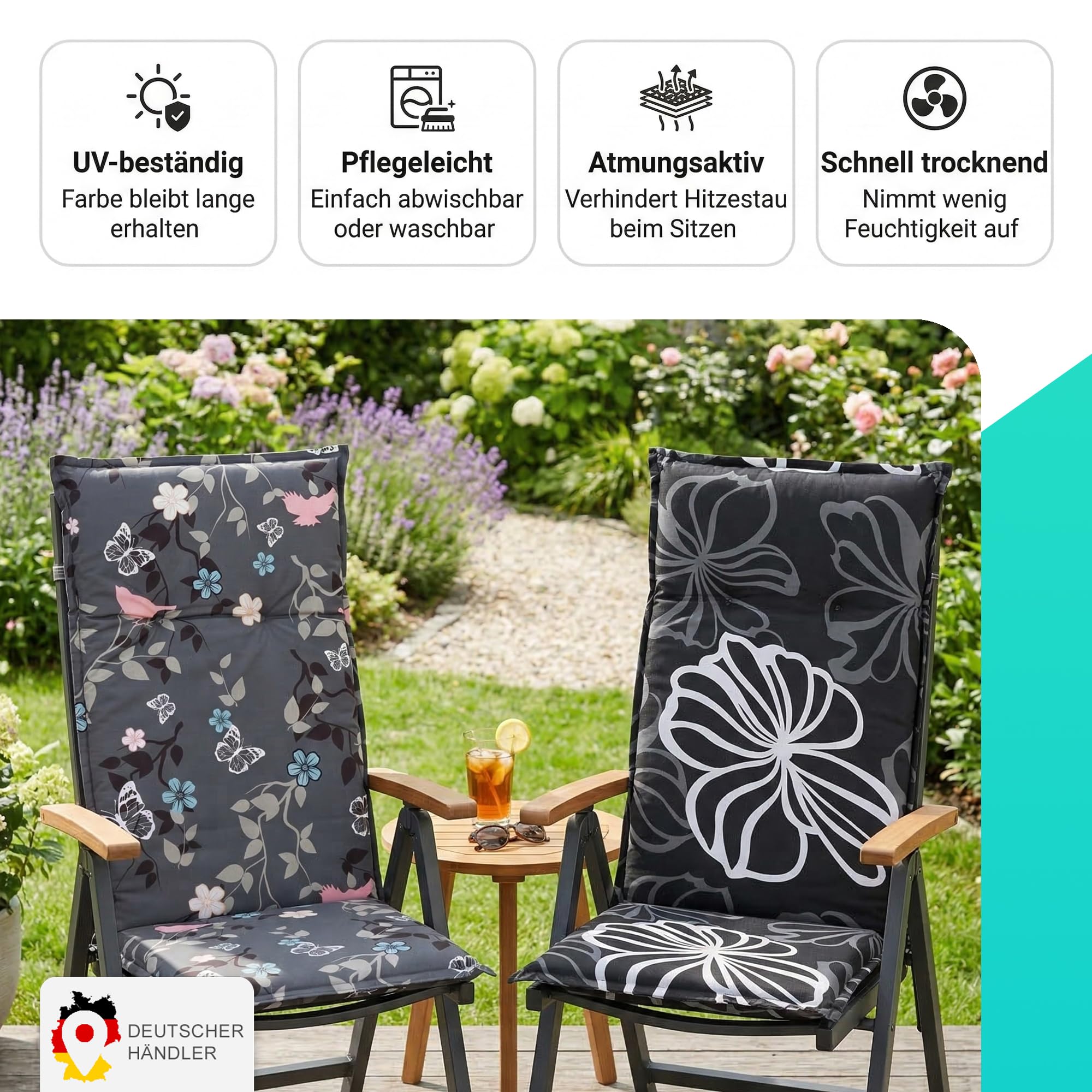 NYVI Gartenstuhl Auflagen Niedriglehner 4er Set Barcelona - UV-Beständig, Atmungsaktiv, Strapazierfähig - Niedriglehnerauflagen Sitzkissen Outdoor - Sitzauflagen 100x50cm Blume Hellblau
