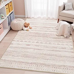 4x6 Pink Area Rugs for Living Room Machine Washable Rug Distressed Girls Nursery Rug Indoor Carpet Neutral Moroccan Boho Rug Ultra Soft Area Rug for Bedroom Dining Room Playroom Office