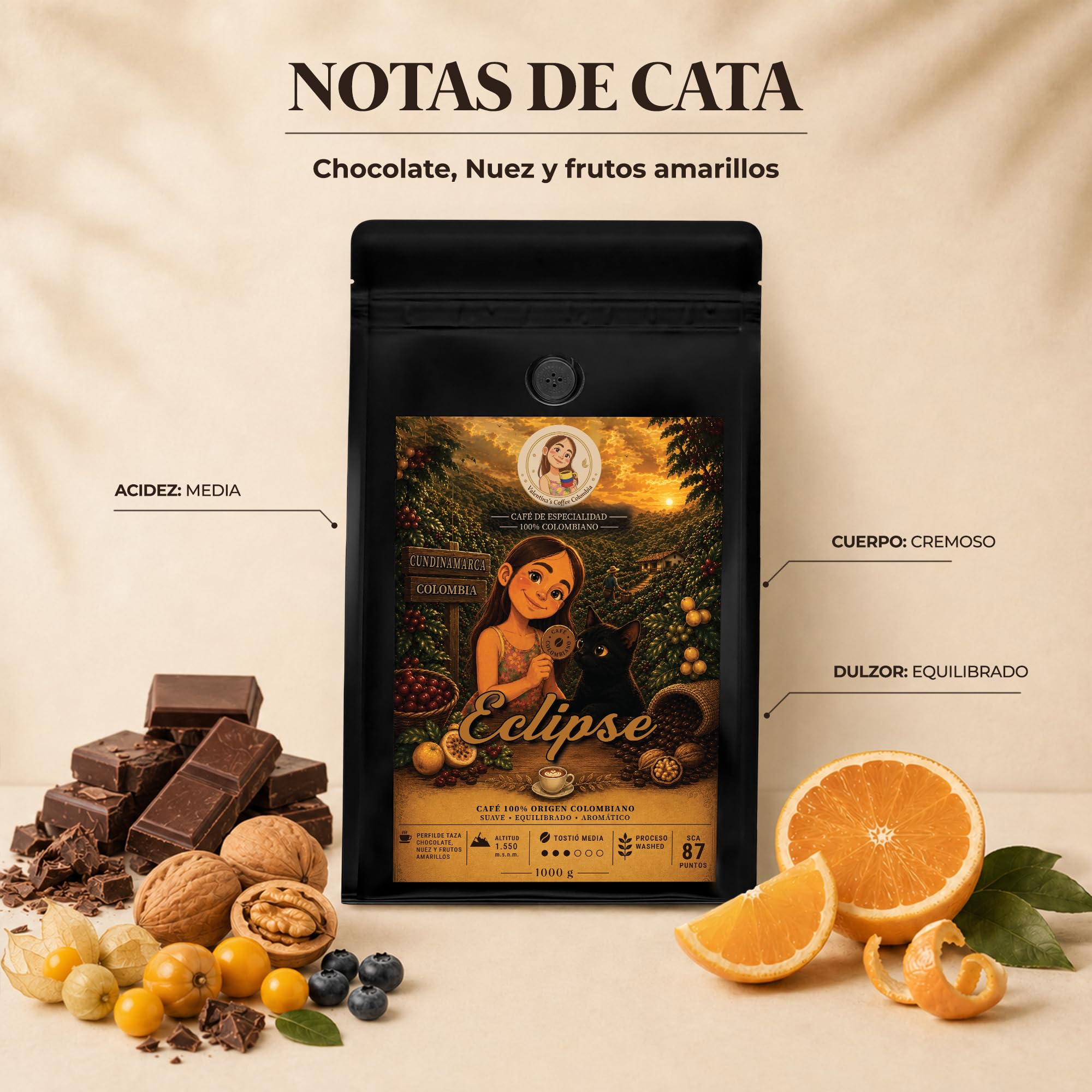 Valentina's Coffee | Eclipse | 1000 gr | En Grano | Sabor Chocolate. Nuez. Frutas amarillos | Intensidad Media | 100% Café Colombiano de Especialidad