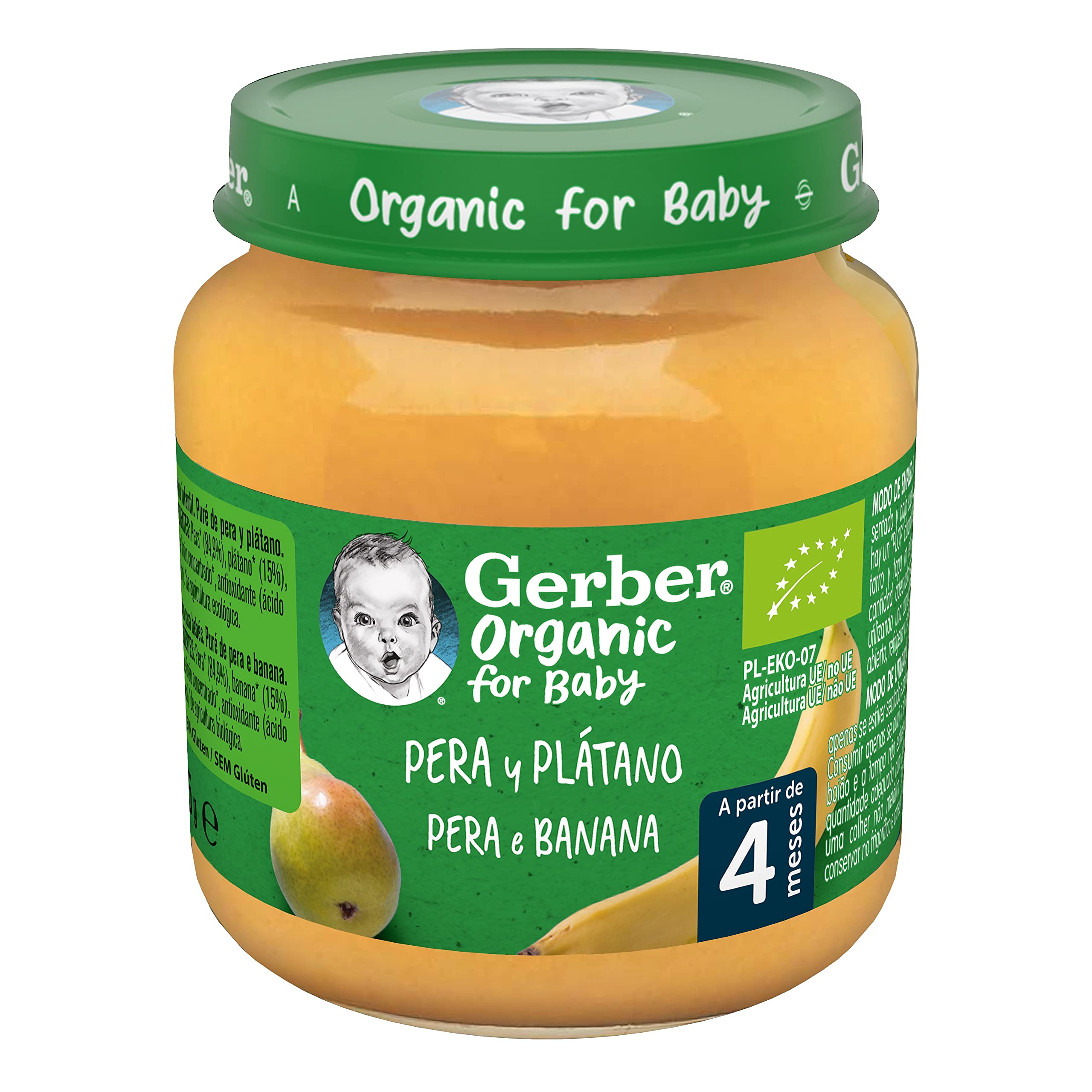 GERBER Organic Pera y Plátano Puré para Bebés 6x125g