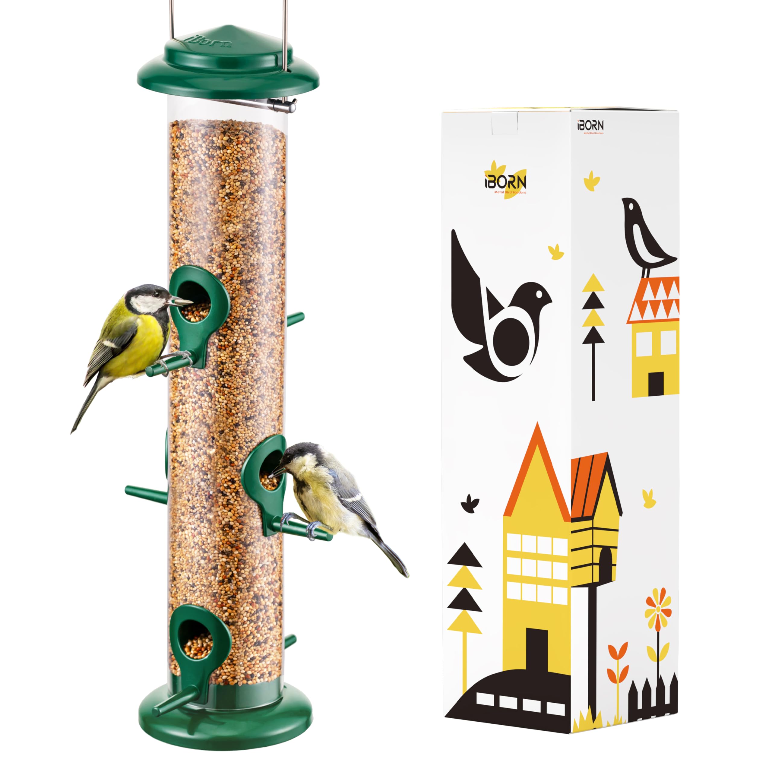 iBorn Metal Bird Feeders 6 Ports Hanging Wild Bird Seed Feeder for Mix Seed Blends, Niger Seed Feeder, Sunflower Heart, Birdbath, Heavy Duty All Metal Green Finishing 14 Inch 6Port