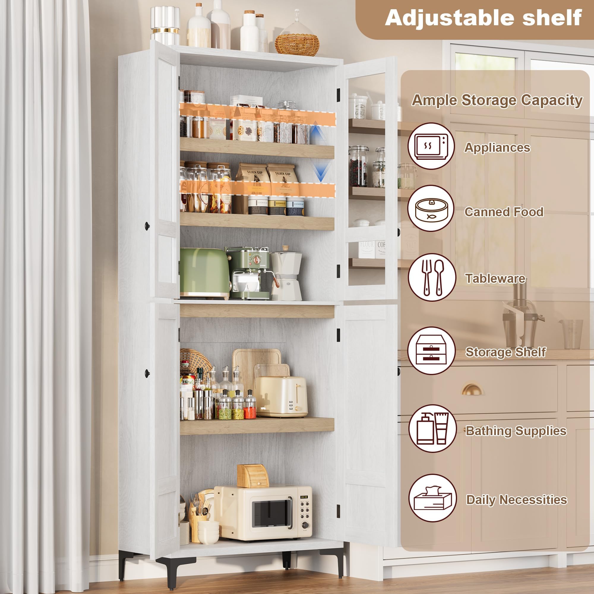 Garvee Armadio Alto 180 Cm, Mobile Contenitore 5 Ripiani Con 4 Ante, Ripiani Regolabili, Dispensa in Legno Salvaspazio Stretta Per Bagno, Cucina, Soggiorno e Sala Da Pranzo