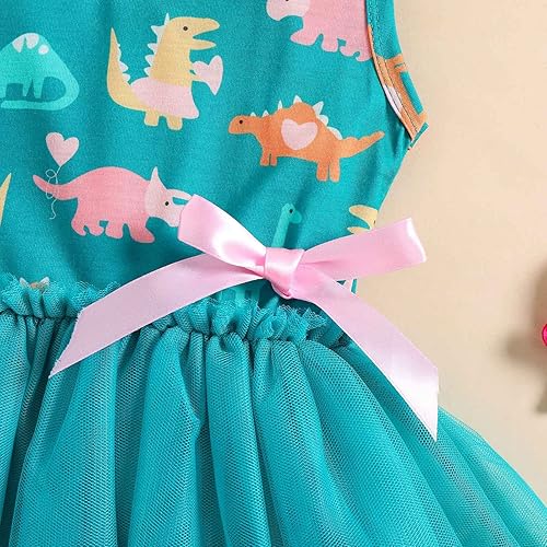 Miniatura 6 de Vestidos de retazos, sin mangas, con lazo de princesa, de tul, dinosaurio, para niñas pequeñas, vestidos para niñas (Verde, 3-4 años)