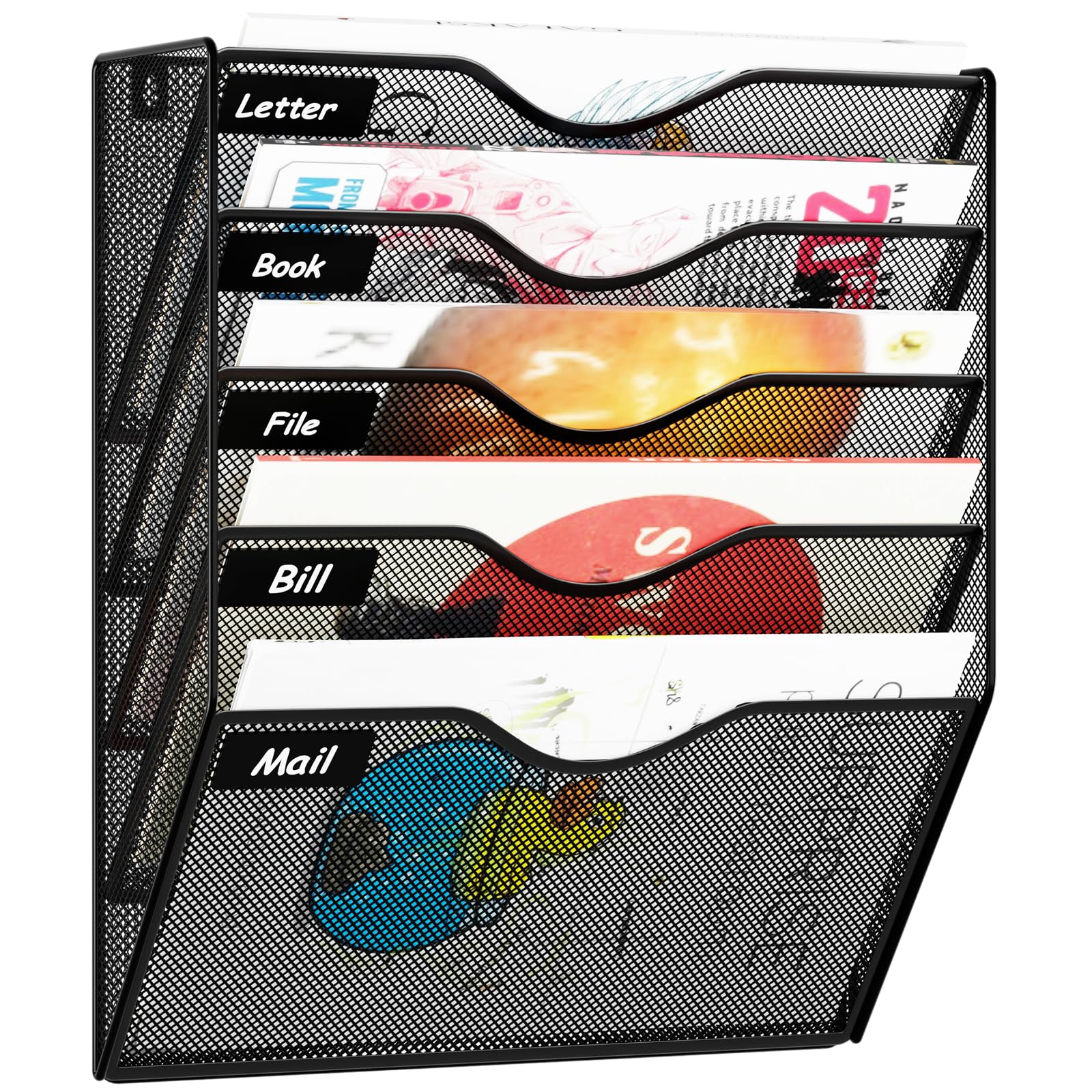 5 Pockets Hanging Wall File Organizer Mail Holder, Wall Mounted Paper Document Folder Holder, Clipboard Storage Organization Magazine Rack, Black
