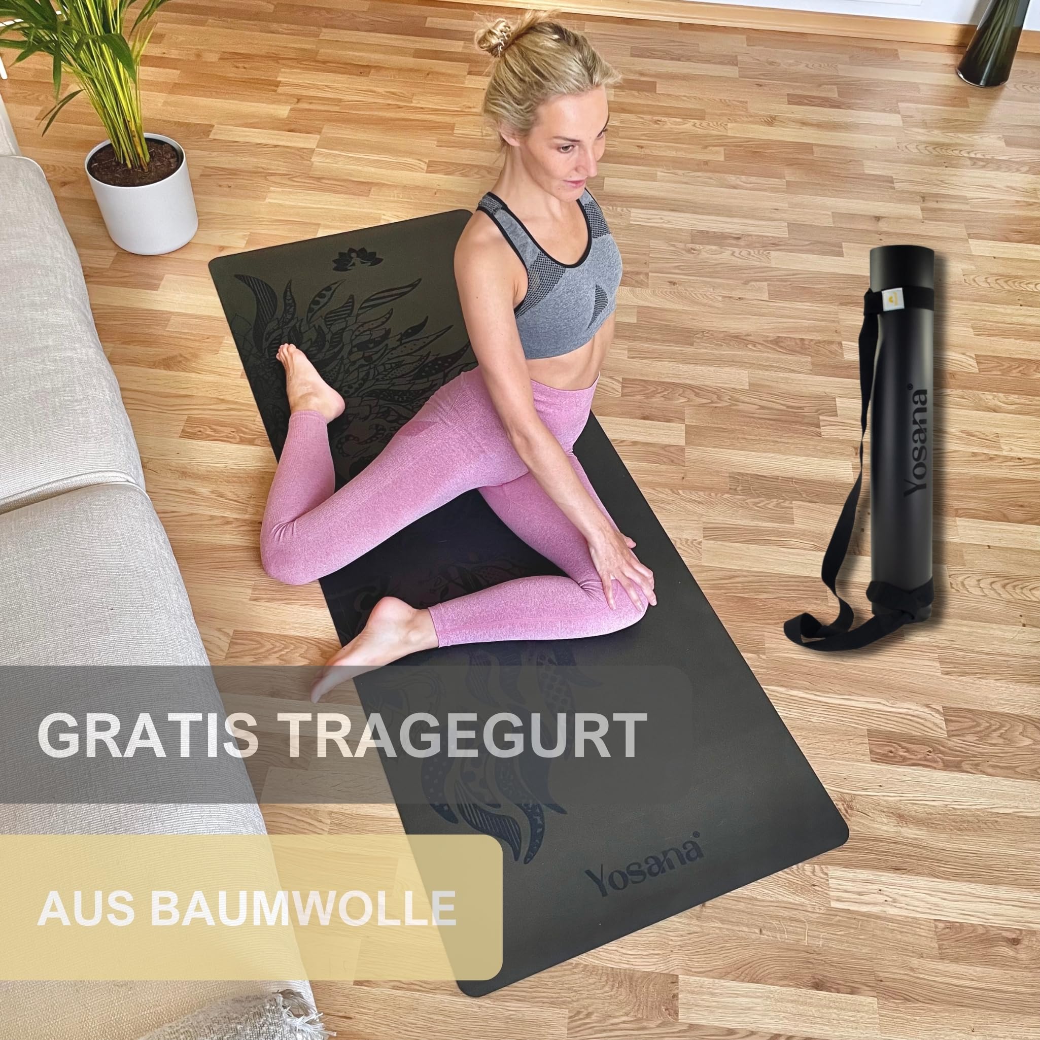 Yosana Yogamatte aus Naturkautschuk | extrem rutschfest | ULTRA GRIP Oberfläche aus ECO PU | extra breit 68cm | inklusive Tragegurt | Yoga matte 183x68cm | 4mm dünn