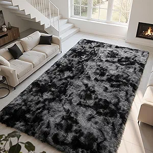 Zentavio Black and Grey Area Rugs for Living Room Large Men Room Carpet 9x12 Bedroom Fluffy Furry Shag Aesthetic Plush High Pile Floor Rug for Kids Room Dorm Home Decor Gray