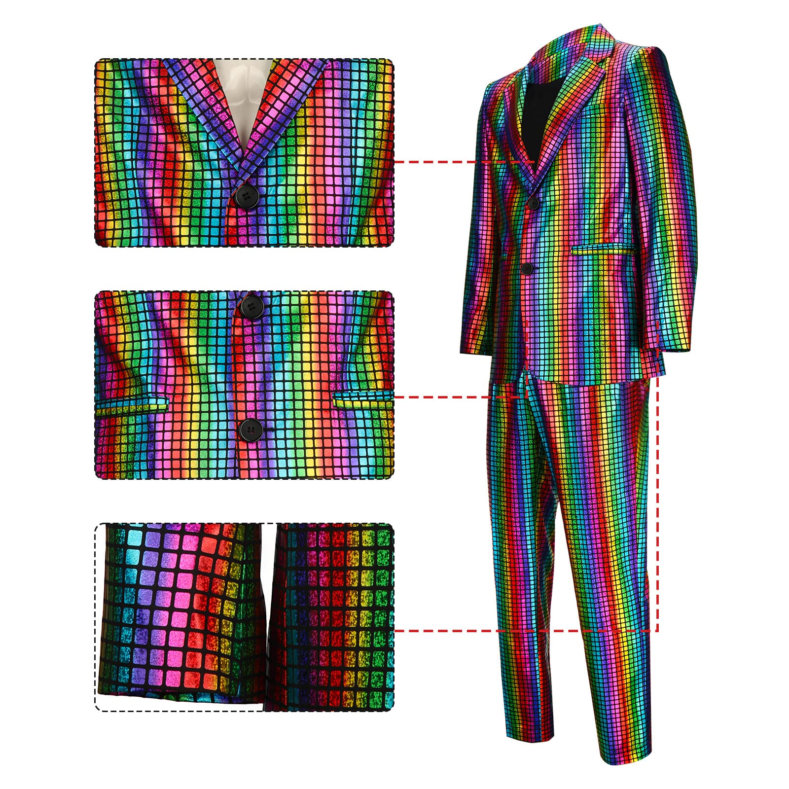 Funhoo Disfraz de fiesta de discoteca para hombre, metálico, 2 piezas, chaqueta, pantalones de manga larga de los años 70, traje de lentejuelas brillantes para Halloween, cosplay, carnaval, traje vintage
