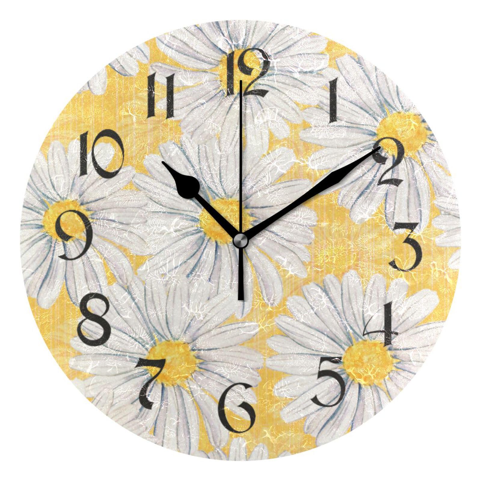 Tarity Silent Round Wall Clock, Daisies Flowers Decorative Quiet Non Ticking Battery Operated Art Wall Clocks for Living Room Bedroom Office Kitchen
