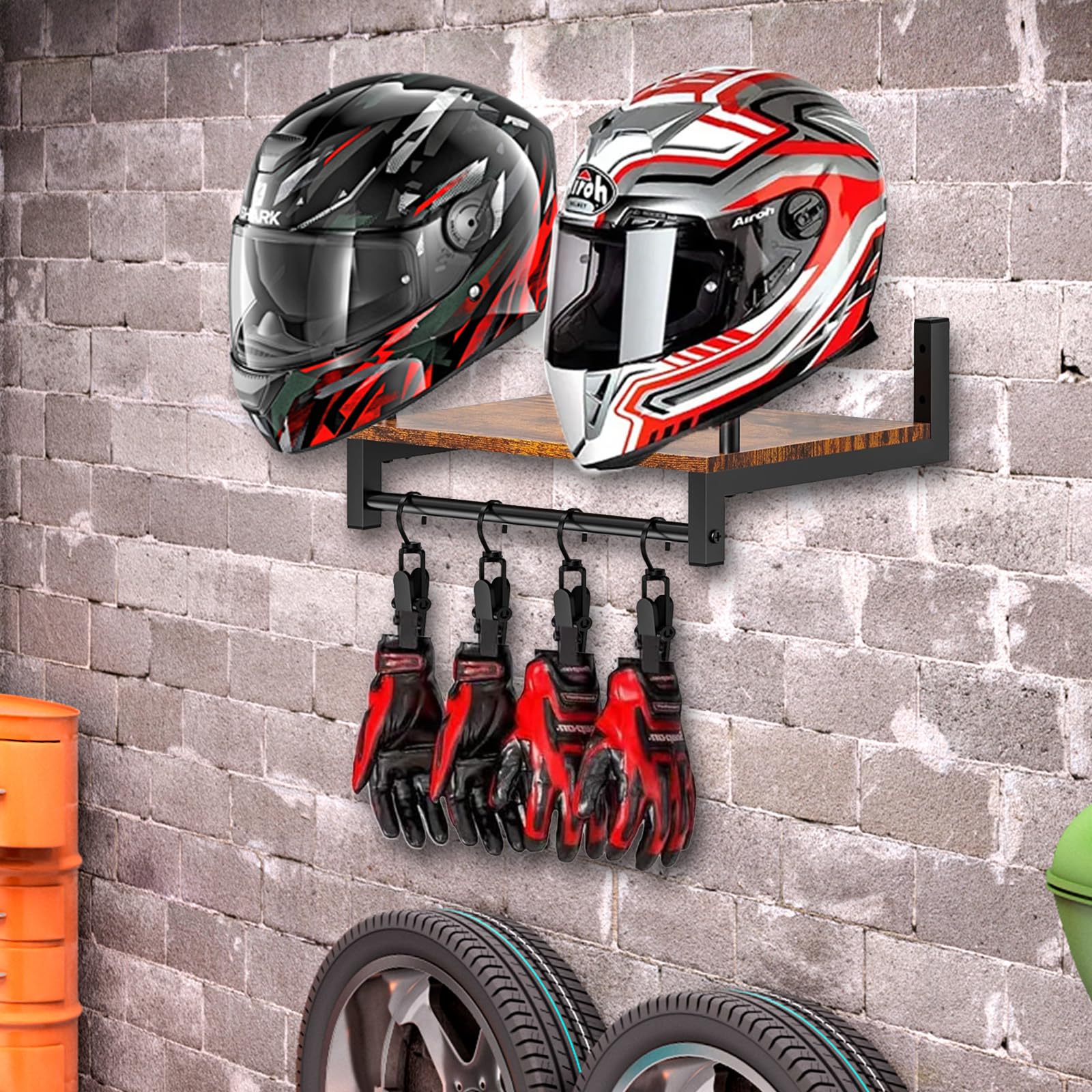 Porta Casco Moto da Parete, Appendi Casco Moto da Parete Supporto per Casco da Baseball per 2 Caschi Porta Cappello Espositore Porta Casco con 4 Clip per Appendere Guanti per Abbigliamento Moto