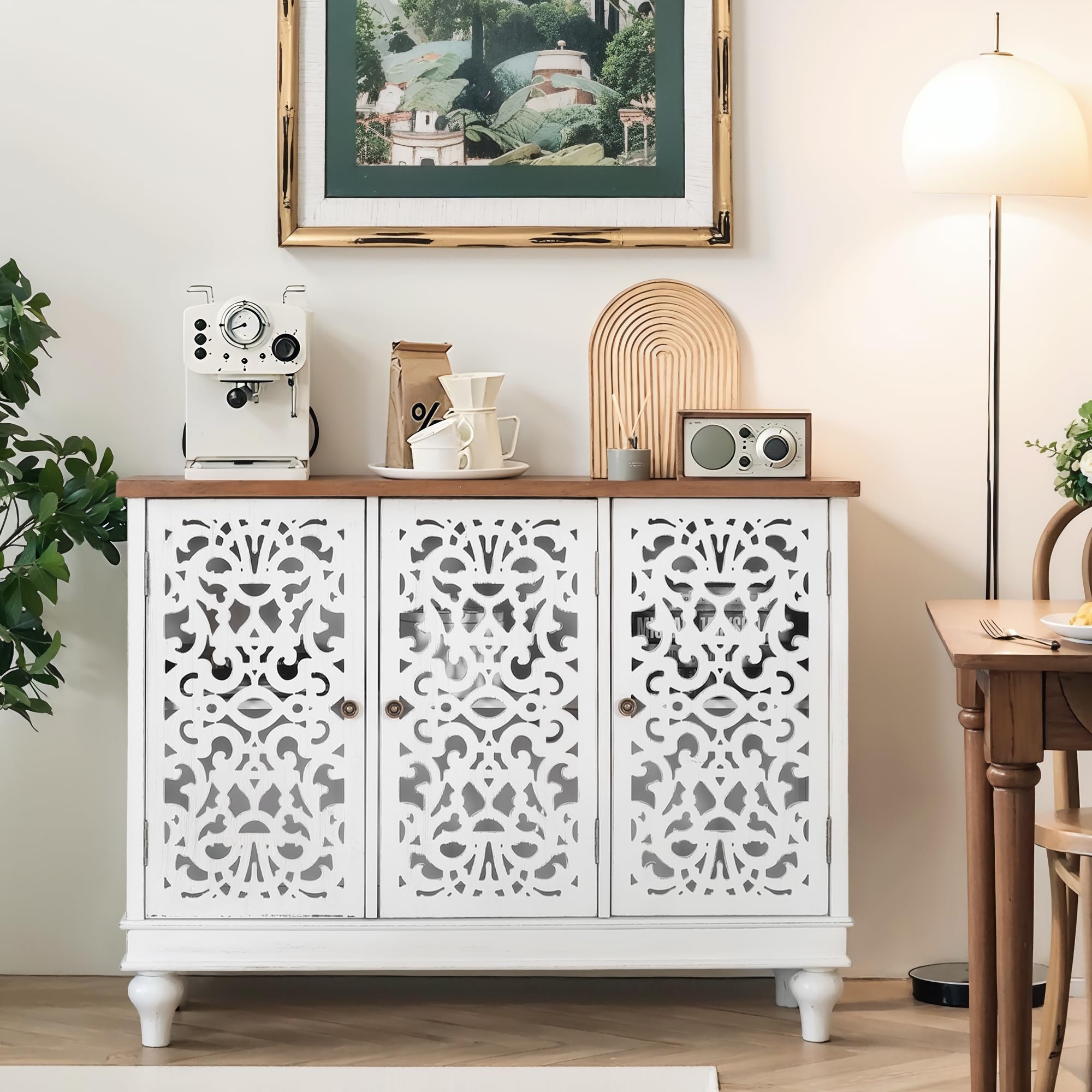 PHI VILLA White Accent Cabinet with Doors, Farmhouse Credenza