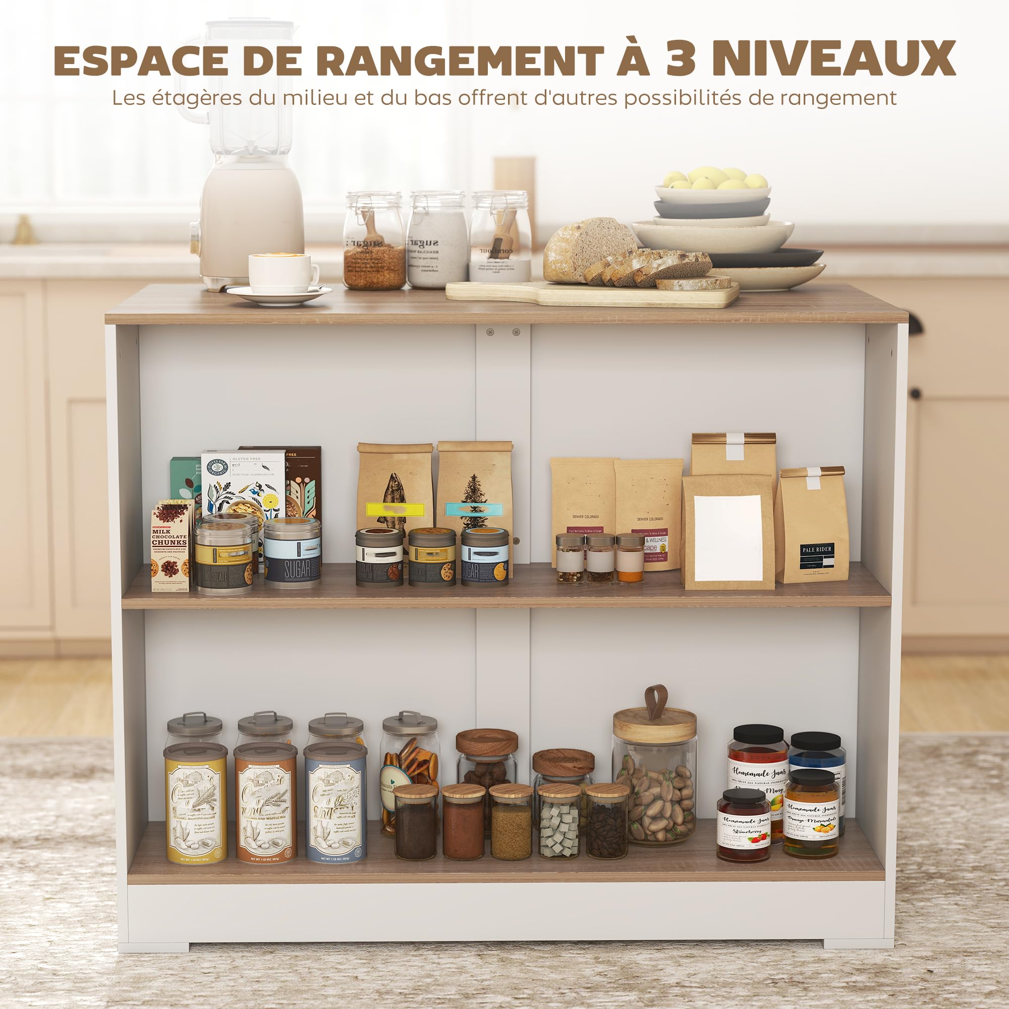 HOMCOM Table de Bar Table Haute Cuisine à 3 Niveaux 113 x 60 x 90 cm Blanc